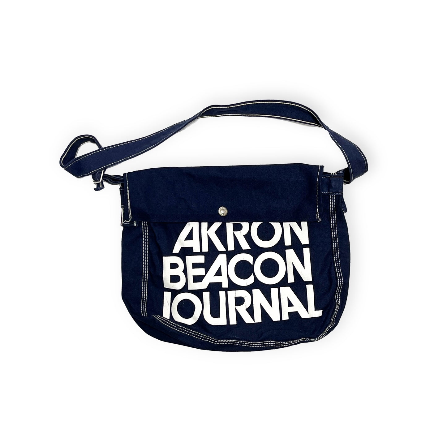 70s〜 Newspaper Bag "AKRON BEACON JOURNAL" 平置き ダークネイビーキャンバス 白文字の「AKRON BEACON