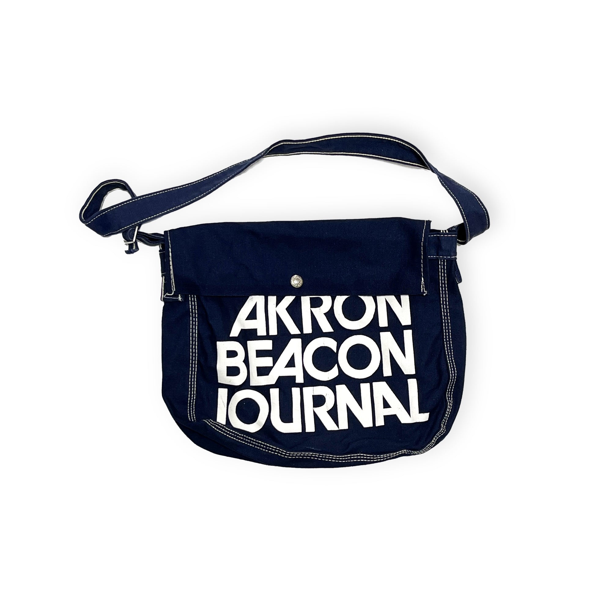 70s〜 Newspaper Bag "AKRON BEACON JOURNAL" 平置き ダークネイビーキャンバス 白文字の「AKRON BEACON