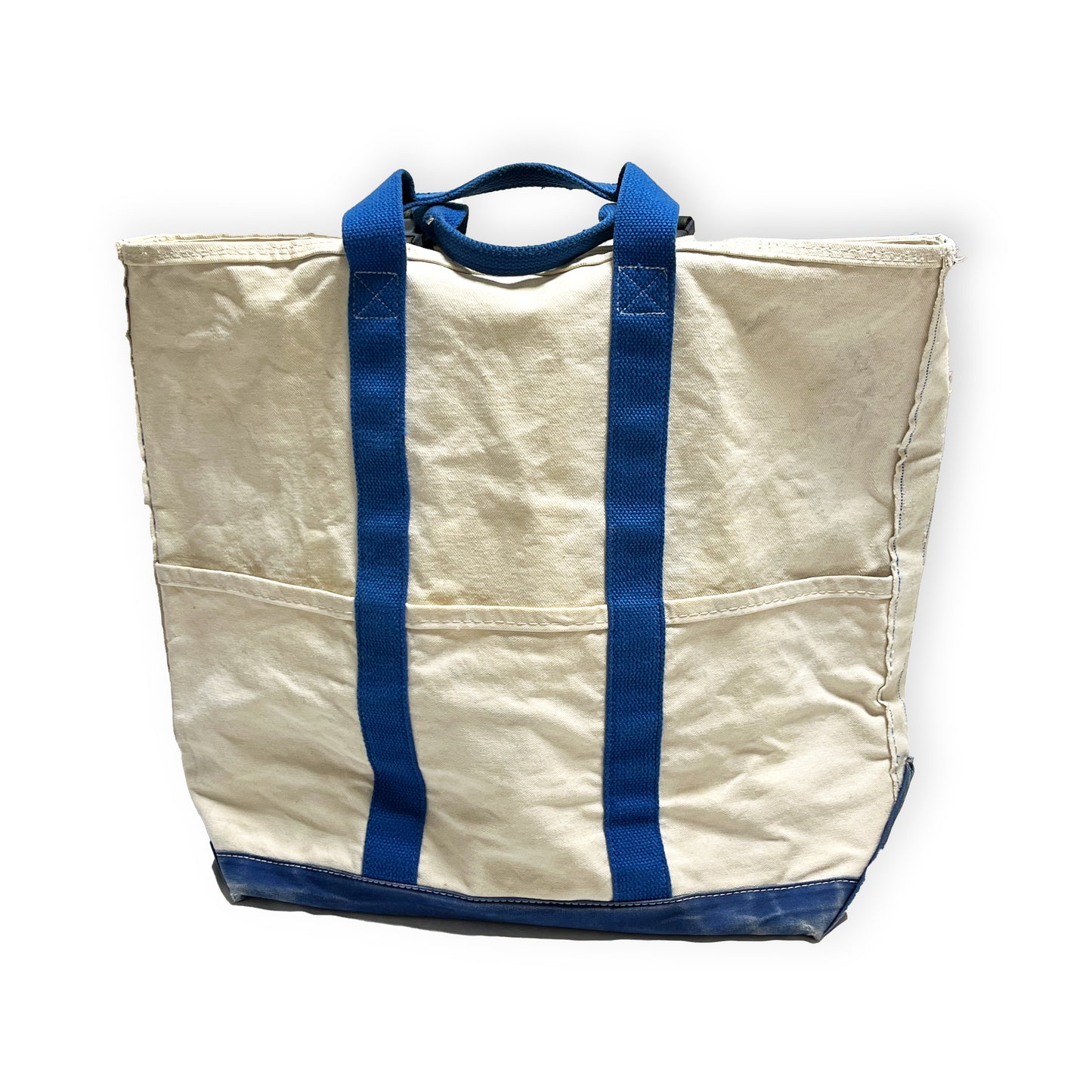 80s L.L.Bean 2Way Canvas Tote Bag 平置き 1 白ベースに青いストラップと底