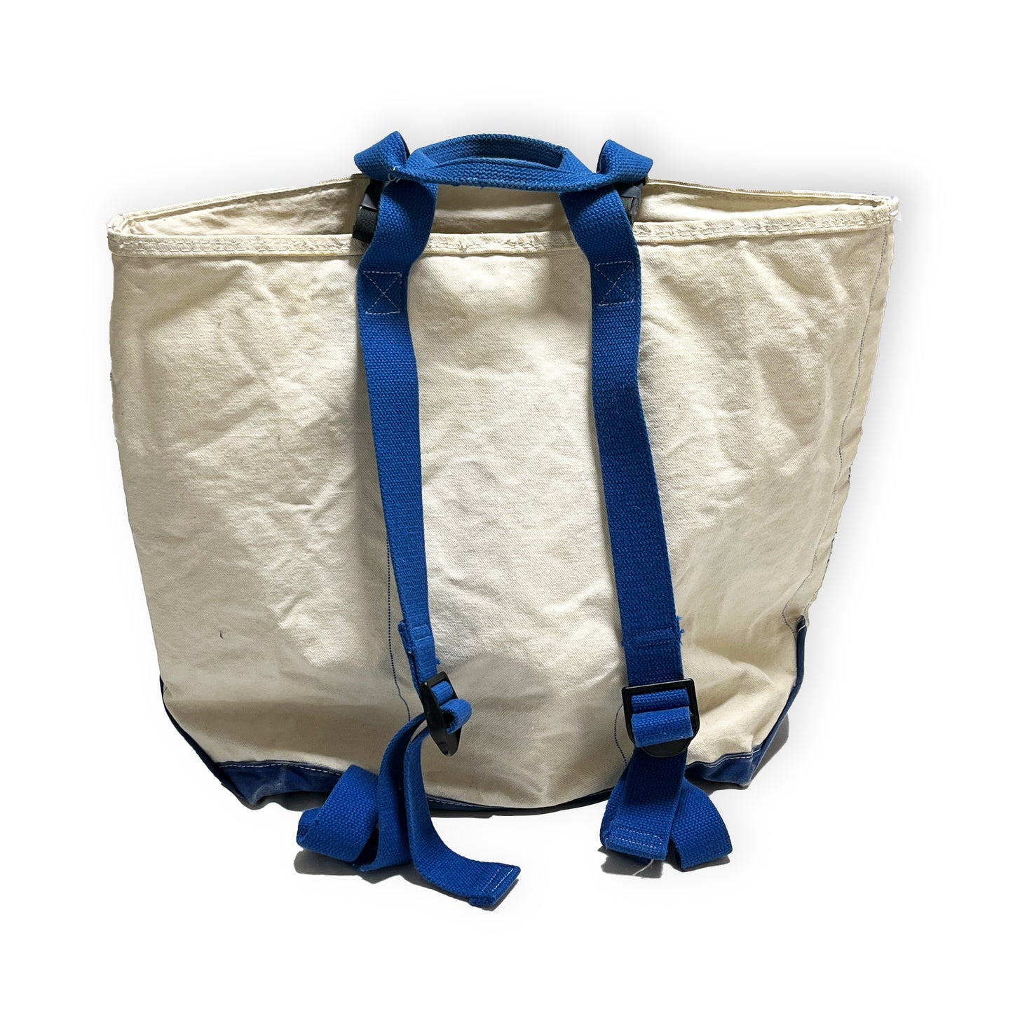 80s L.L.Bean 2Way Canvas Tote Bag 平置き 2 白ベースに青いストラップと底