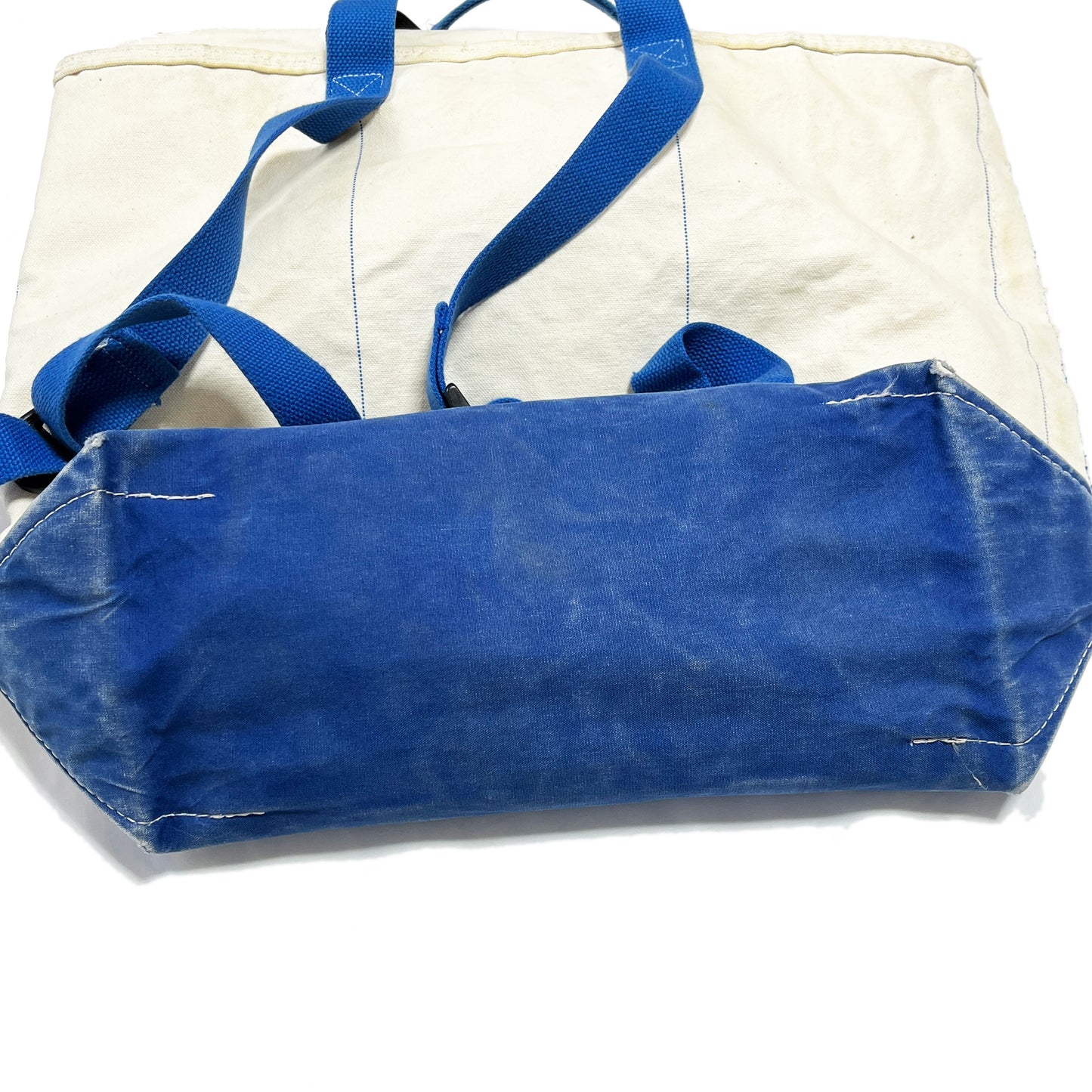 80s L.L.Bean 2Way Canvas Tote Bag 平置き 3 白ベースに青いストラップと底