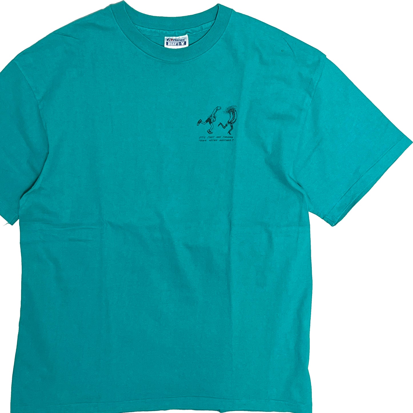 90s Hanes エロ T L レア 平置き 青緑色 左胸に黒いプリント タグあり
