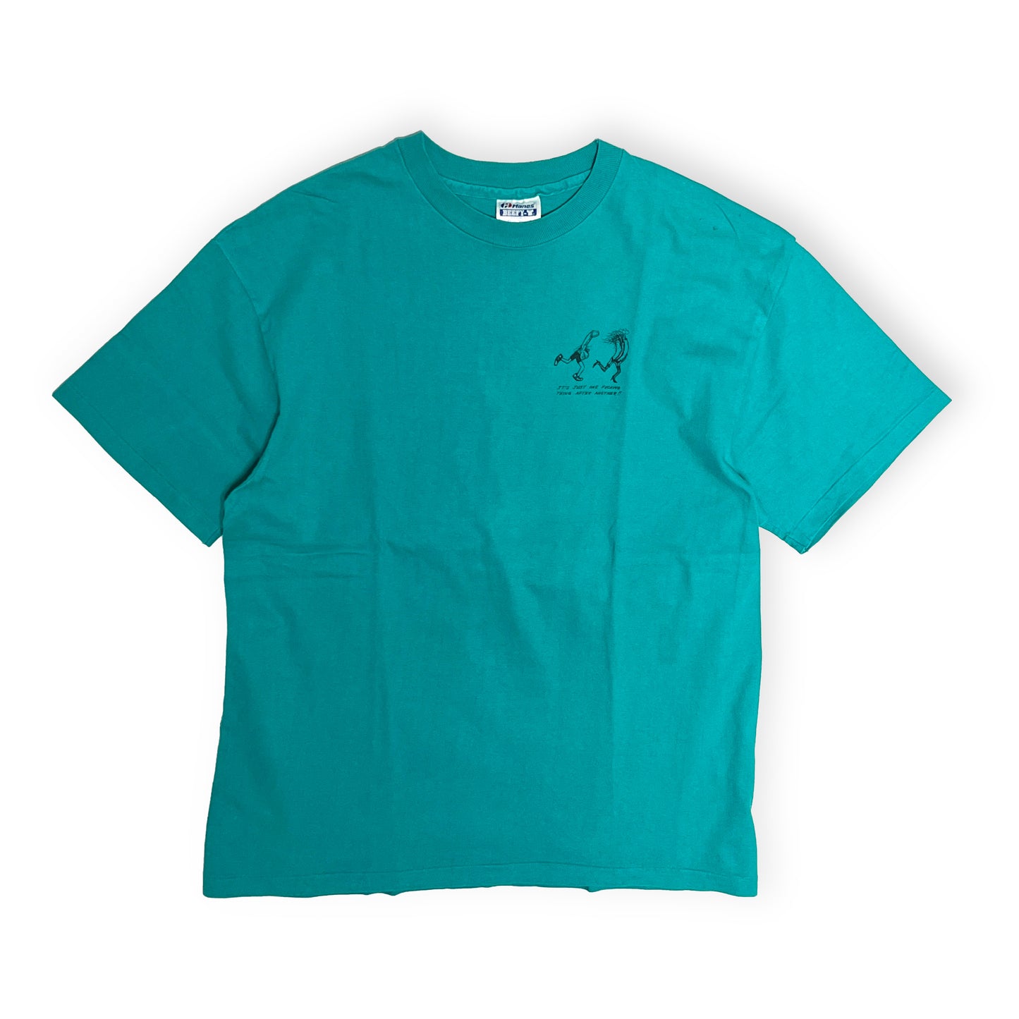 90s Hanes エロ T L レア 平置き 青緑色 左胸に黒いプリント