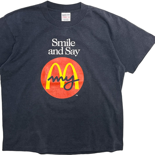 90s ONEITA McDonald T XL 平置き 1 ダークネイビー 'Smile and Say' 'my'ロゴ
