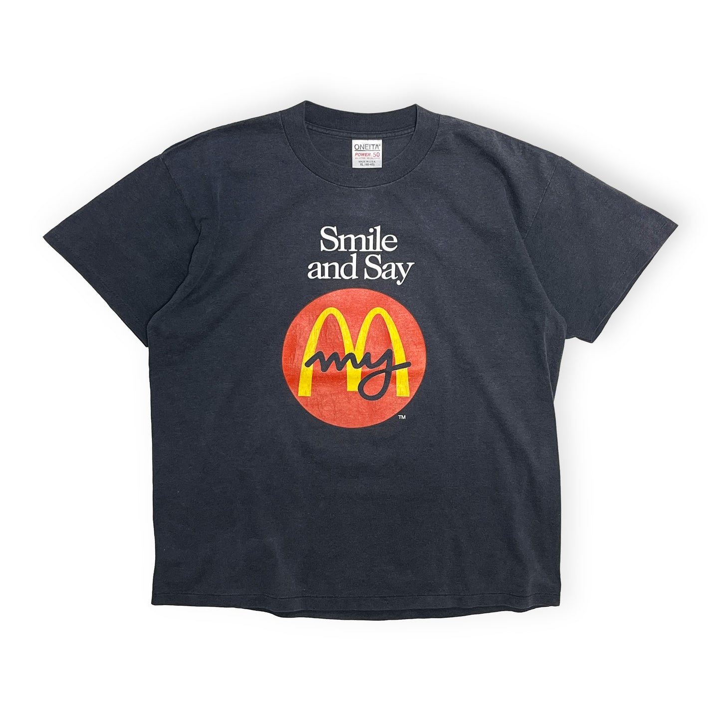 90s ONEITA McDonald T XL 平置き 2 ダークネイビー 'Smile and Say' 'my'ロゴ