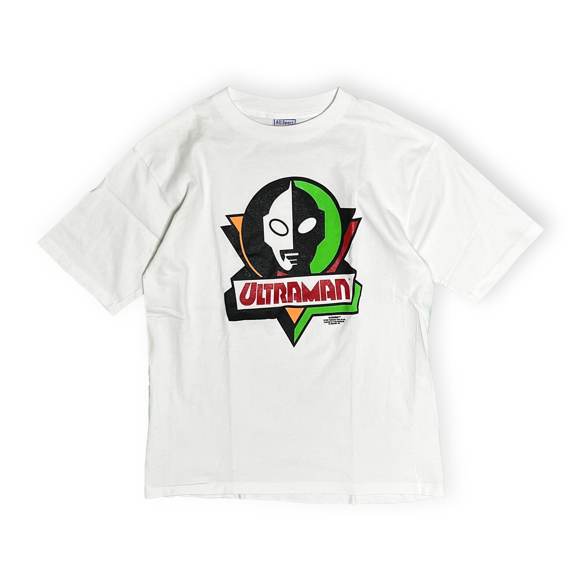 90s Allsport ULTRAMAN T L 平置き 2 白Tシャツ ULTRAMANロゴプリント サイズLタグ