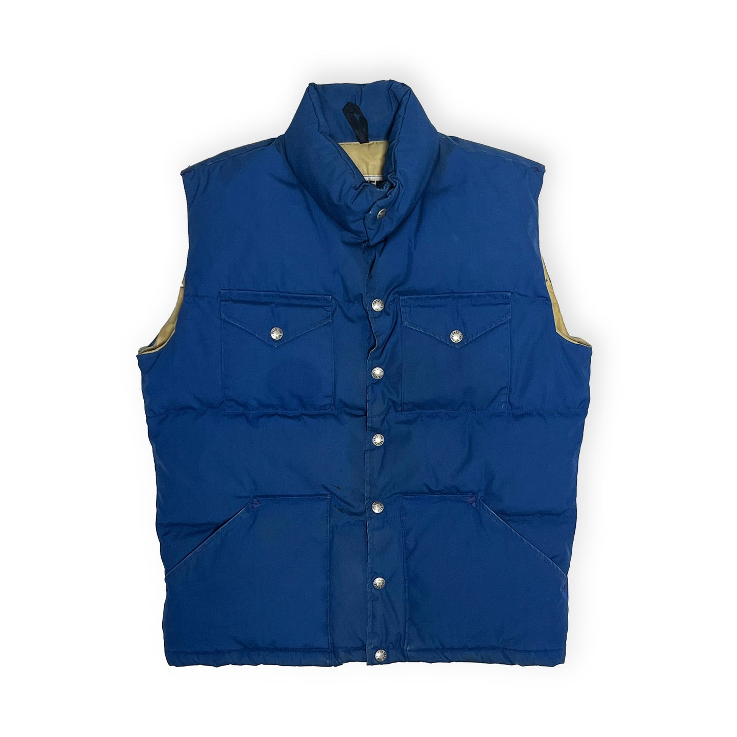 80s THE NORTH FACE Vest ブルー M 平置き 全体的な正面の平置き 青いジャケット ボタン 胸ポケット