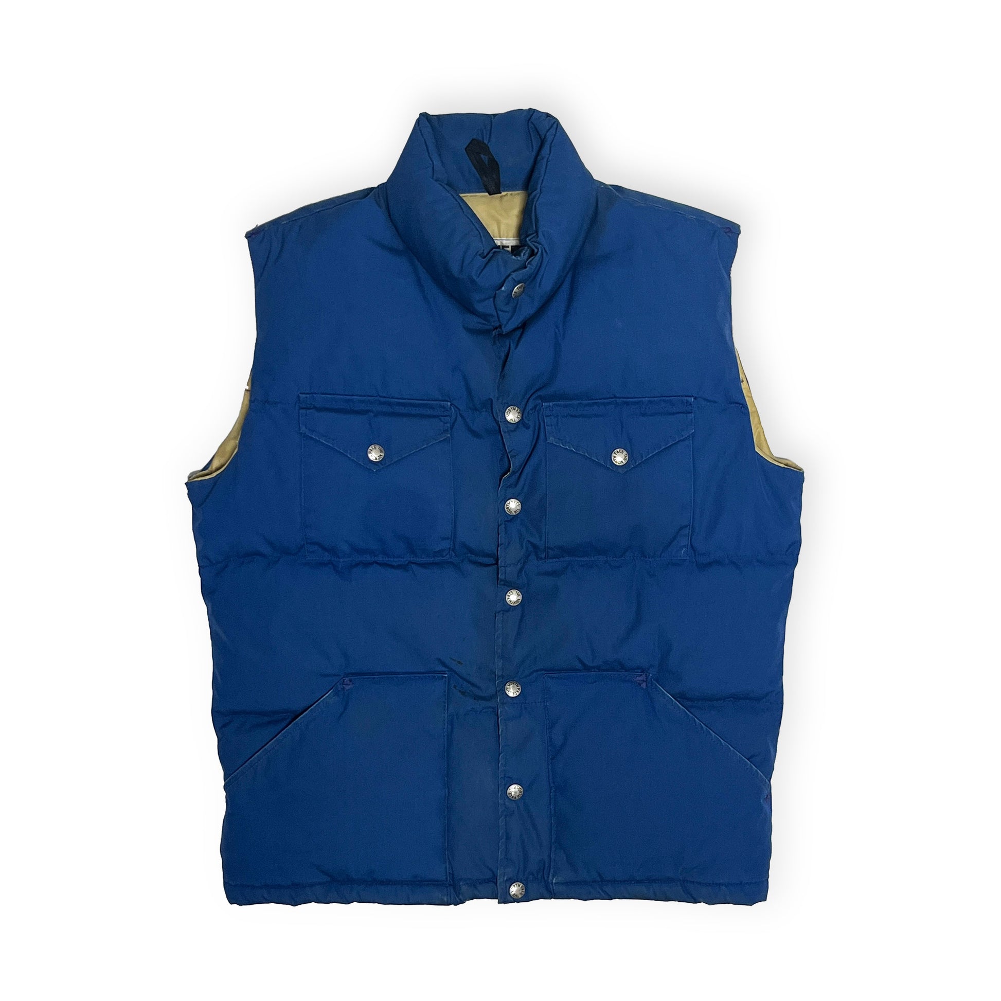 80s THE NORTH FACE Vest ブルー M 平置き 全体的な正面の平置き 青いジャケット ボタン 胸ポケット