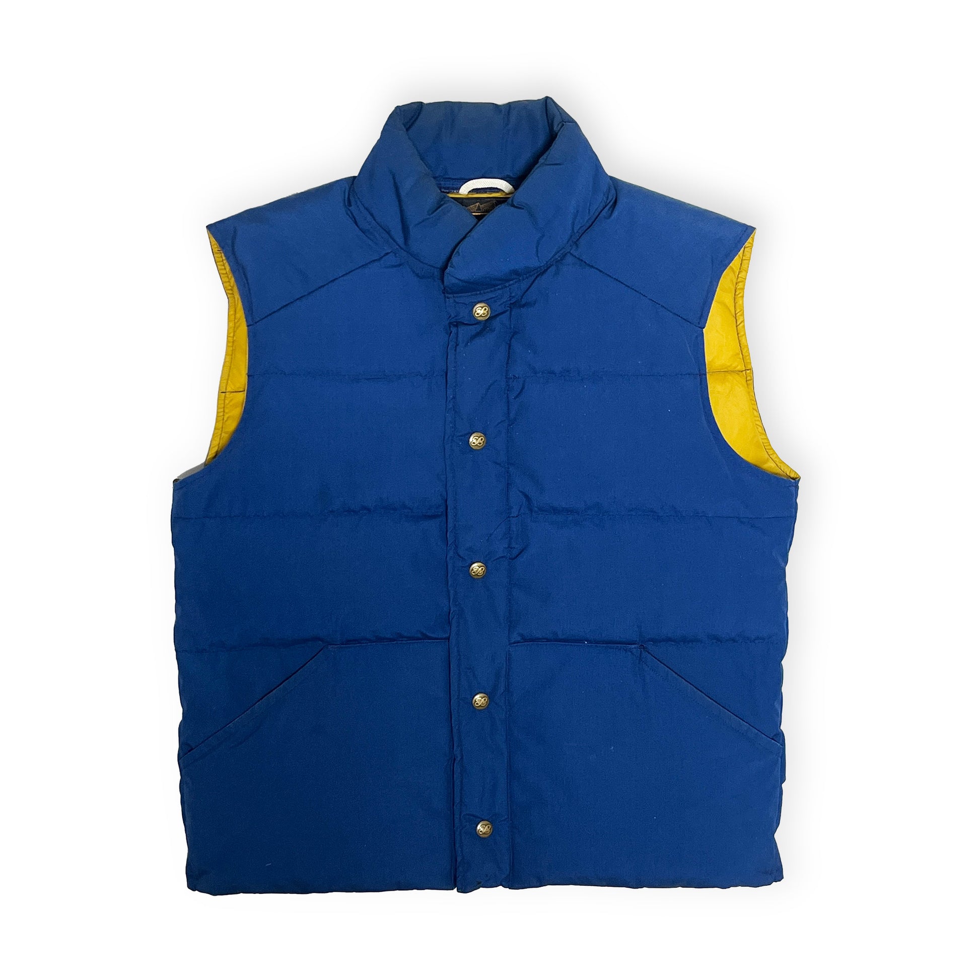 80s〜 Eddie Bauer Vest ブルー M 平置き ブルー 黄色のアクセント ボタン