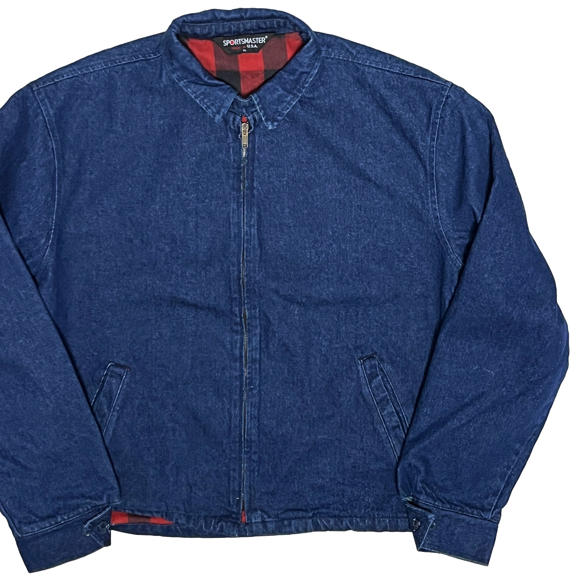 70s SPORTSMASTER Denim Swing Top 濃紺 XL 平置き 1 濃紺のジーンジャケット フロントジッパー 内襯のチェック柄