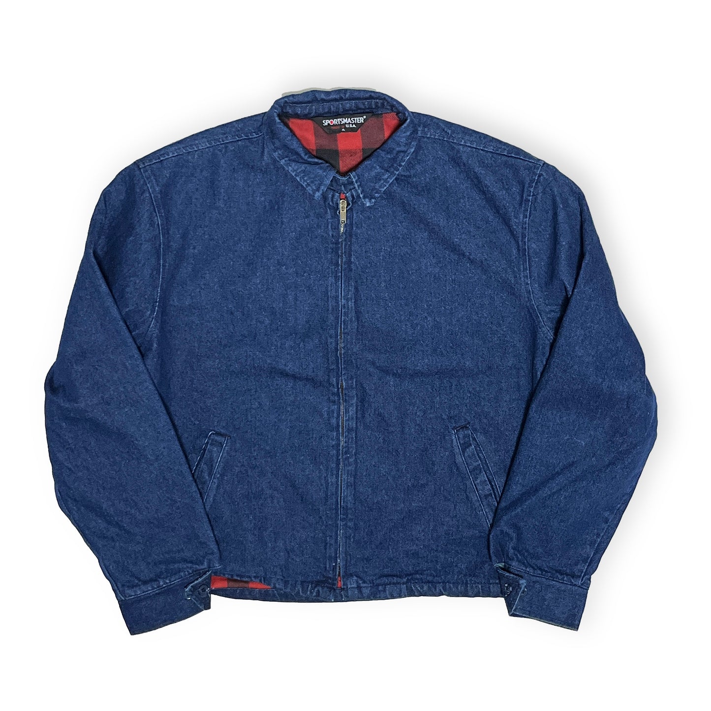 70s SPORTSMASTER Denim Swing Top 濃紺 XL 平置き 2 濃紺のジーンジャケット フロントジッパー 内襯のチェック柄