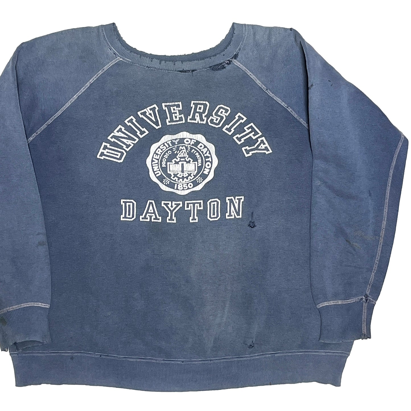 60s〜 Unknwon Sweat "UNIVERSITY DAYTON" 三段プリント L 平置き 1 University Dayton 三段プリント 破損 白ベ