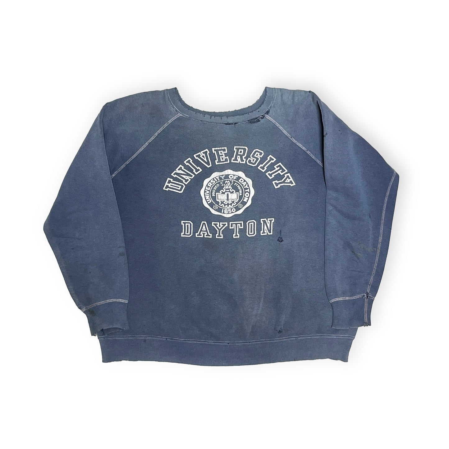 60s〜 Unknwon Sweat "UNIVERSITY DAYTON" 三段プリント L 平置き 2 University Dayton 三段プリント 破損 白ベ