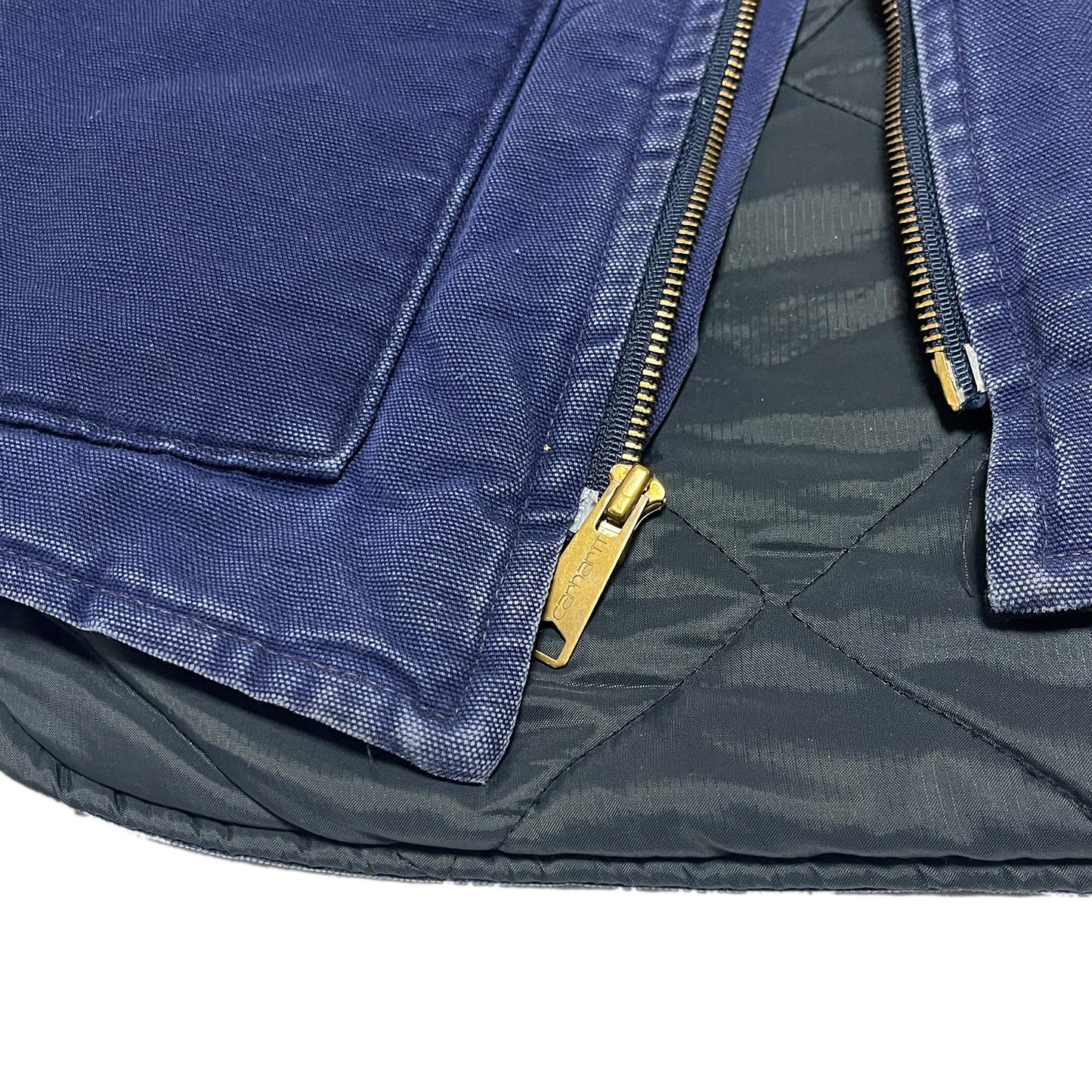 93s Carhartt Duck Vest ネイビー XL ディテール ジップの金メッキ 内側の縫い目