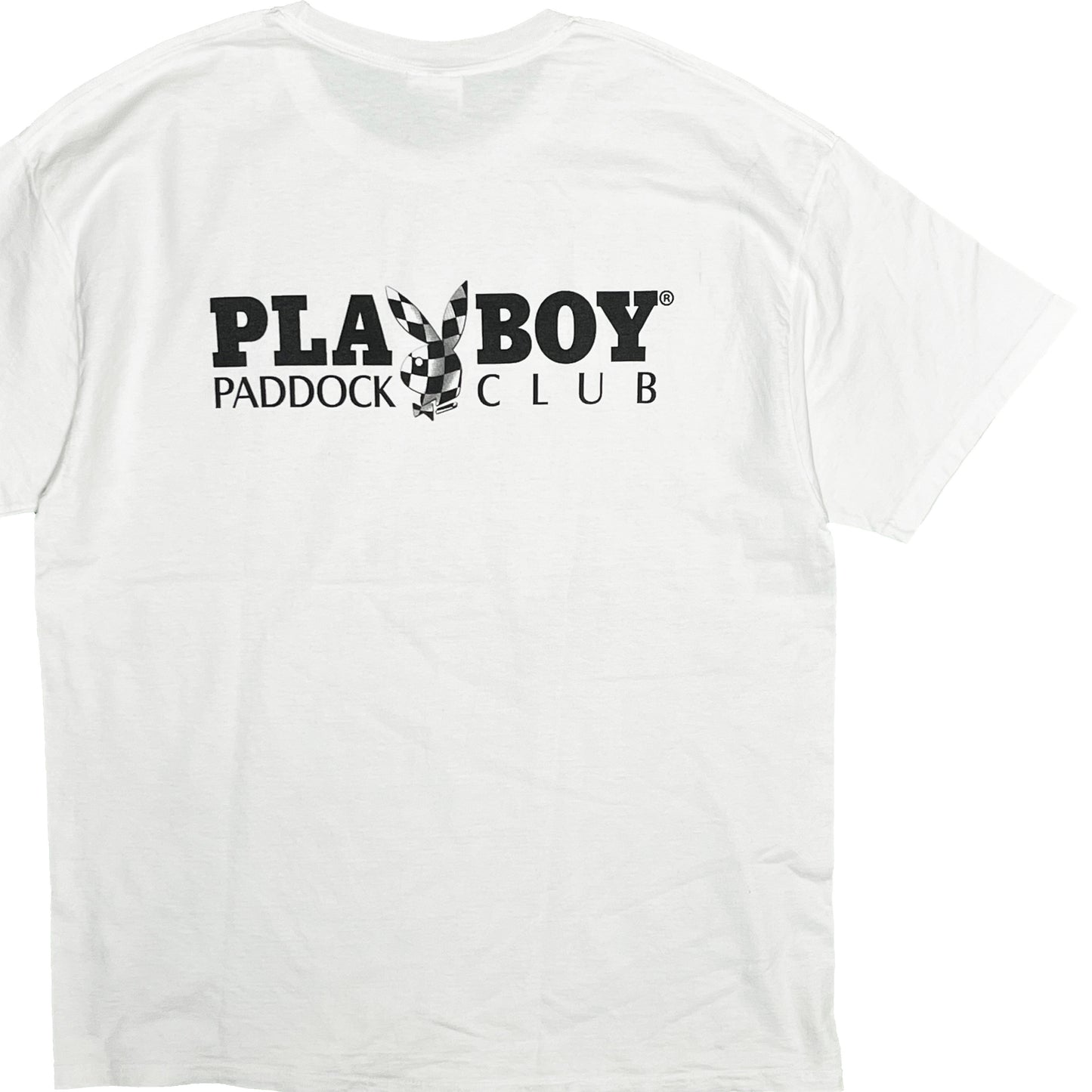 00s Hanes PLAYBOY T "PADDOCK CLUB" XL 平置き 1 白ベースに黒のPLAYBOY PADDOCK CLUBロゴ