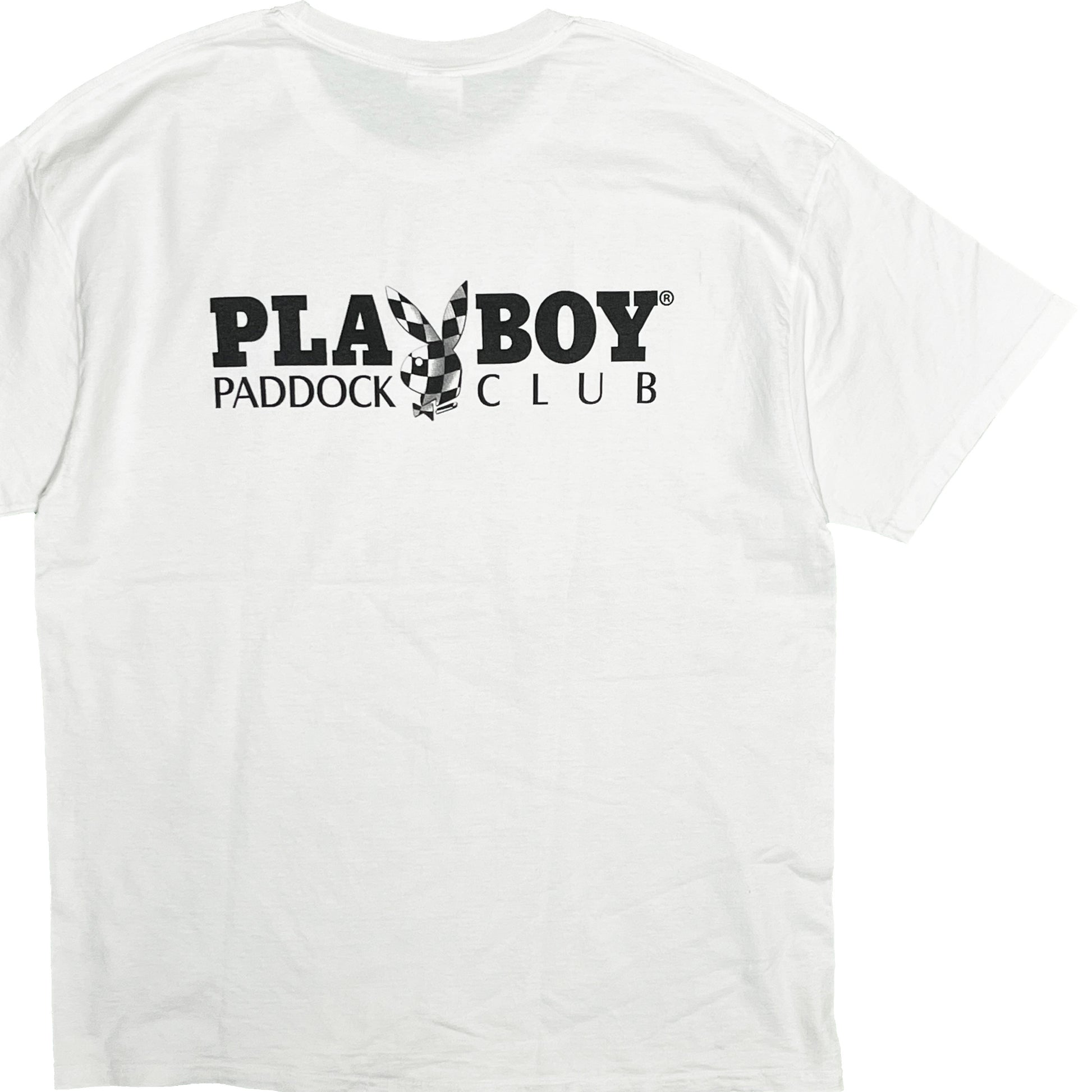 00s Hanes PLAYBOY T "PADDOCK CLUB" XL 平置き 1 白ベースに黒のPLAYBOY PADDOCK CLUBロゴ