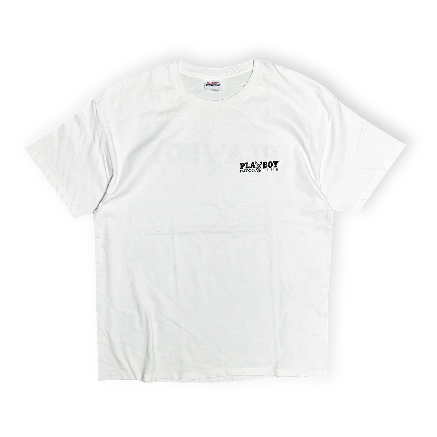 00s Hanes PLAYBOY T "PADDOCK CLUB" XL 平置き 2 白ベースに黒のPLAYBOY PADDOCK CLUBロゴ
