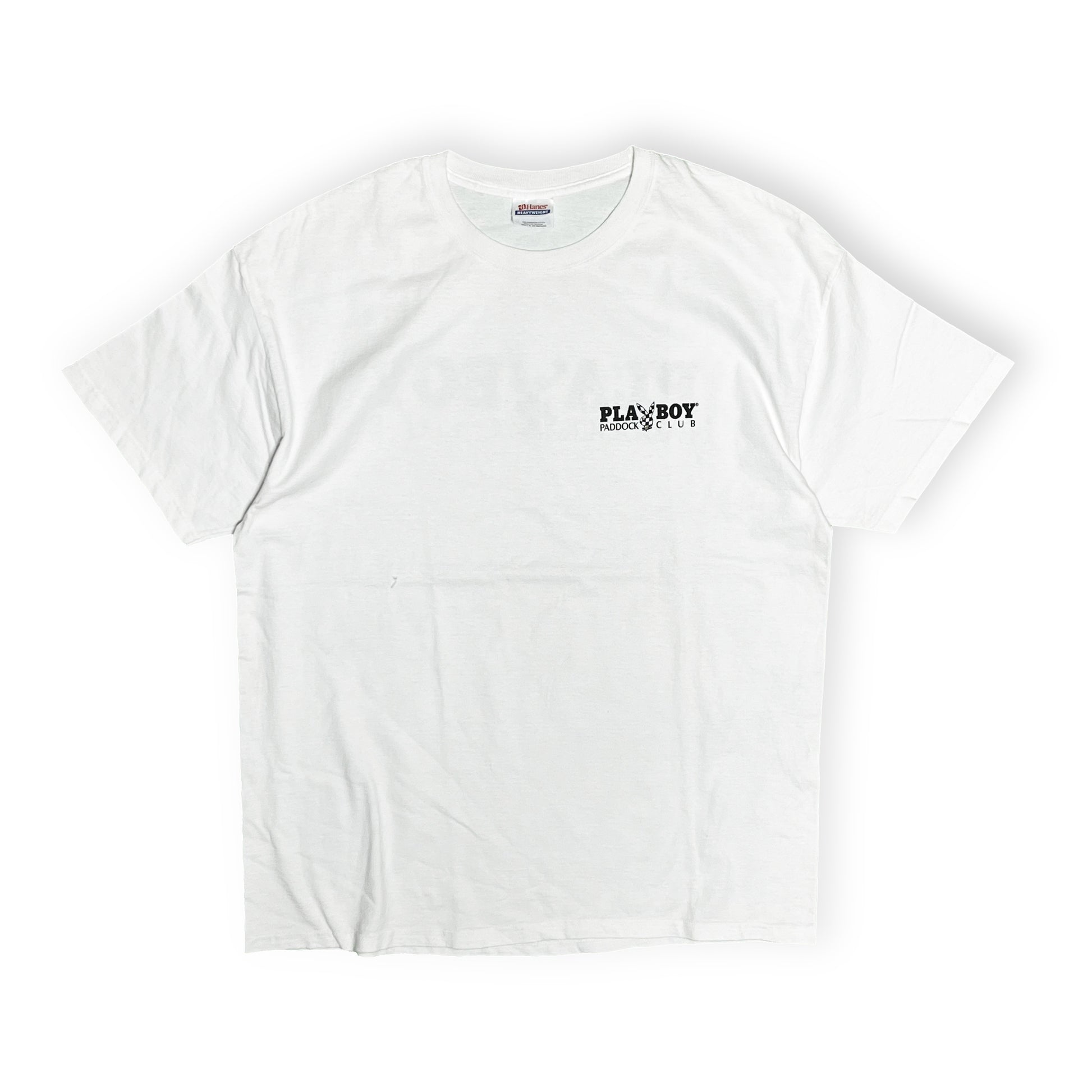 00s Hanes PLAYBOY T "PADDOCK CLUB" XL 平置き 2 白ベースに黒のPLAYBOY PADDOCK CLUBロゴ