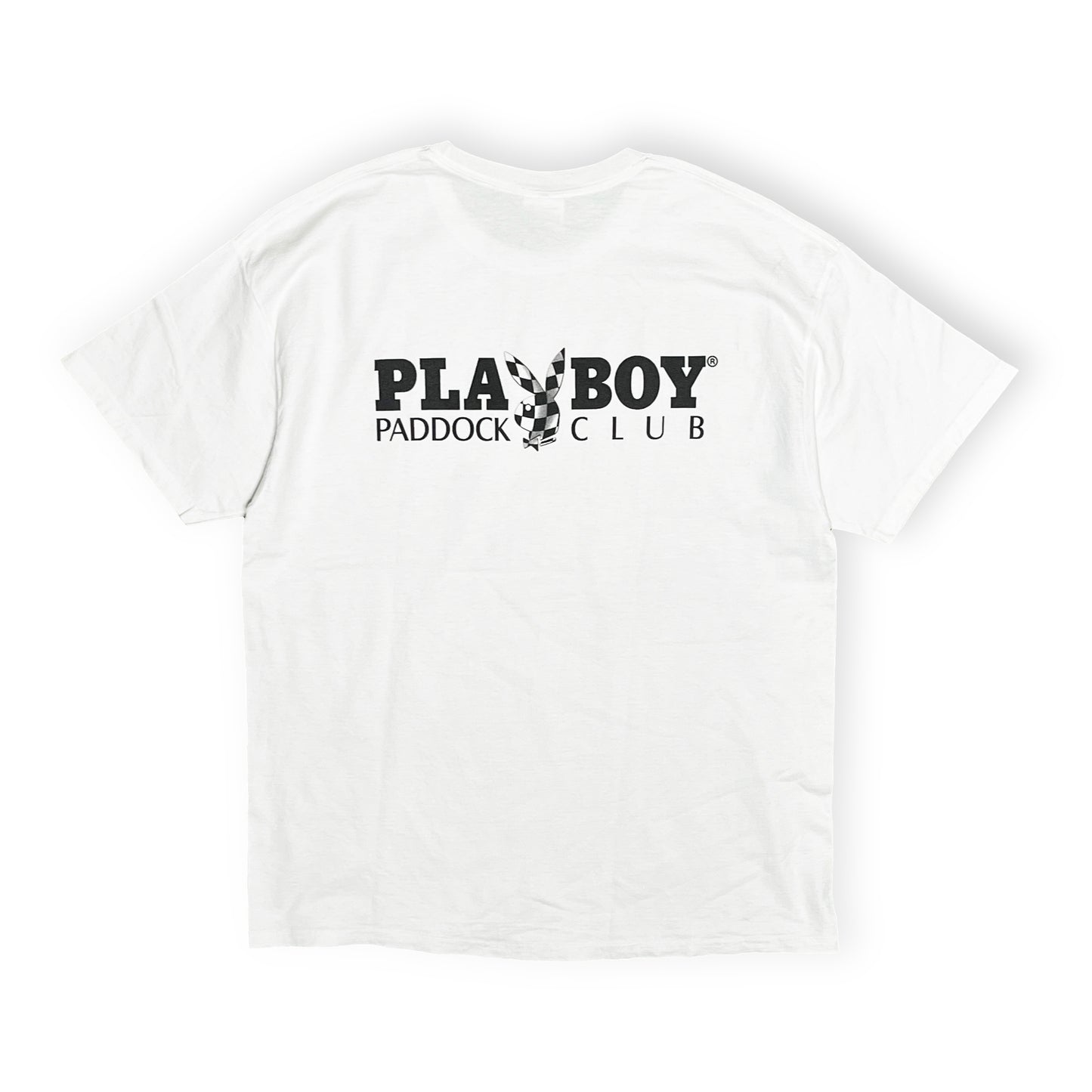 00s Hanes PLAYBOY T "PADDOCK CLUB" XL 背面 3 白ベースに黒のPLAYBOY PADDOCK CLUBロゴ