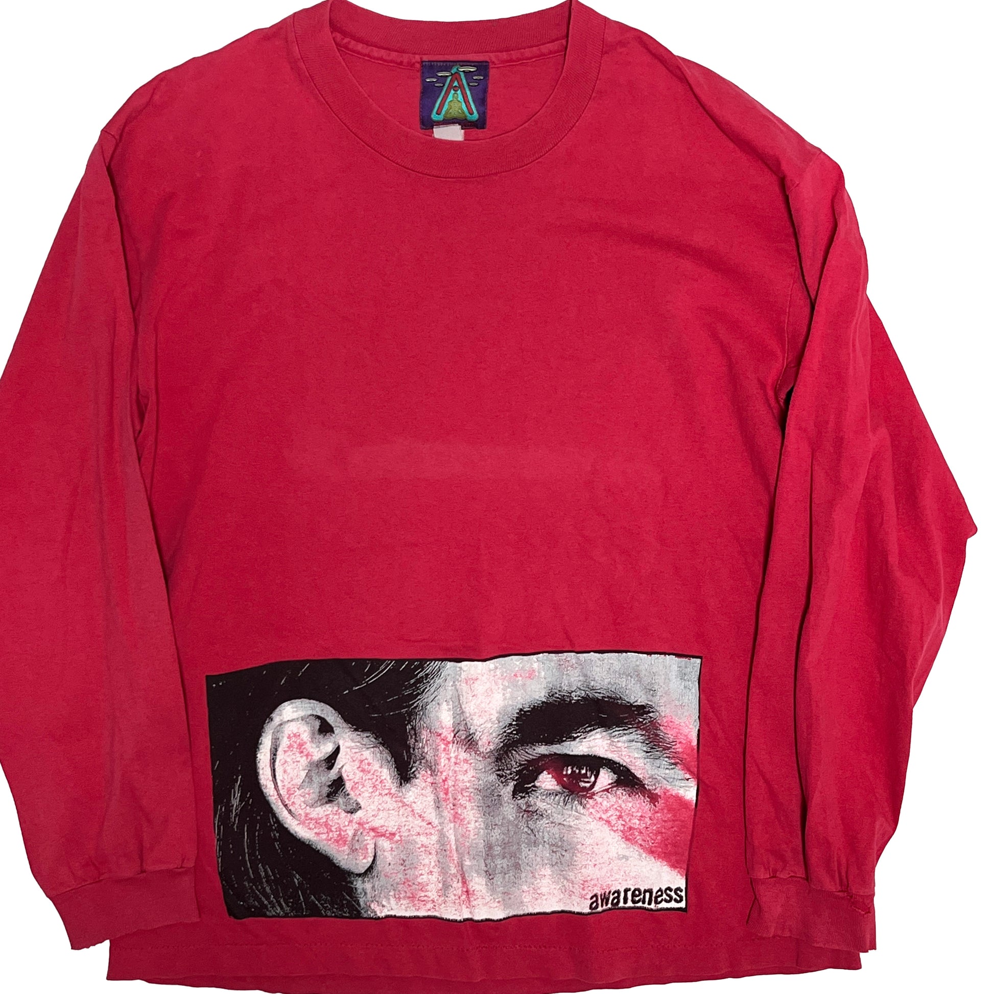 90s ANARCHIC ADJUSTMENT L/S T XL レア 平置き 赤色長袖Tシャツ 前面に顔のアッププリント 襟元タグ