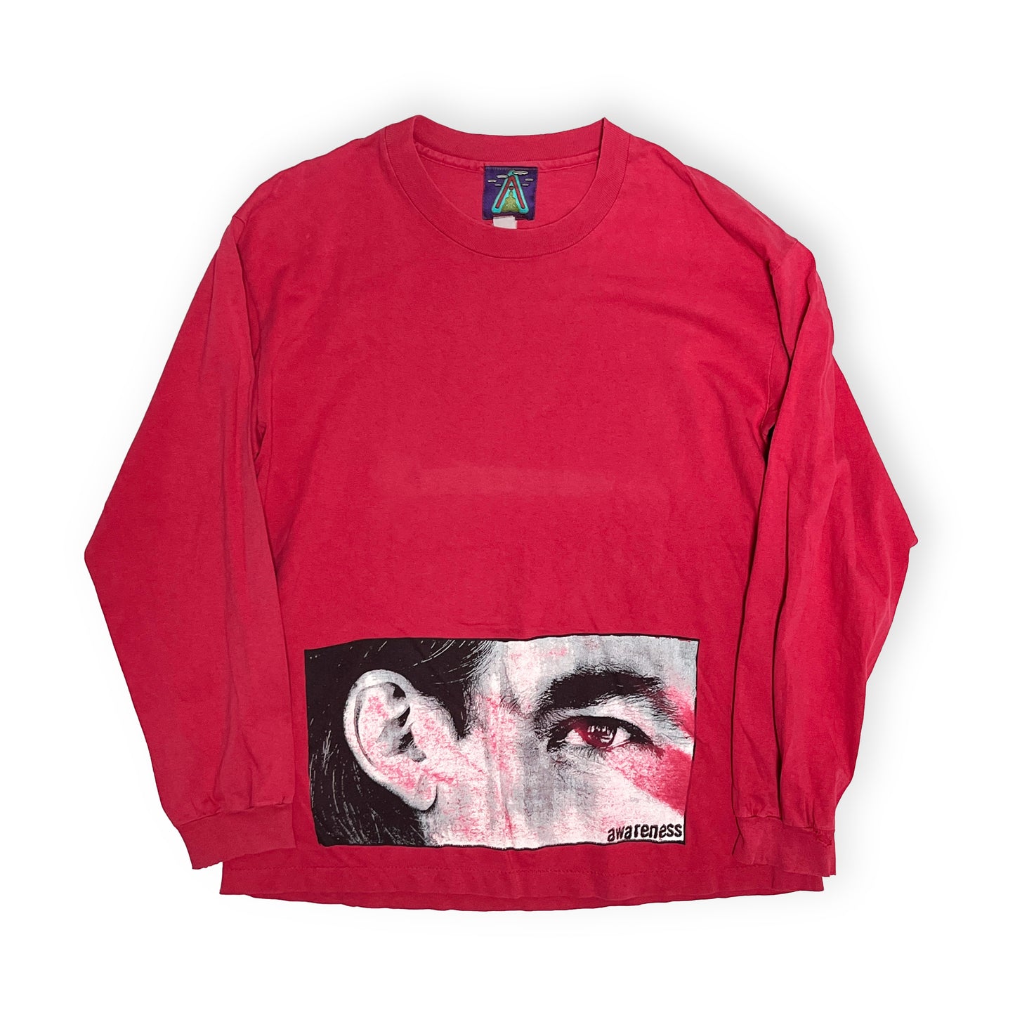 90s ANARCHIC ADJUSTMENT L/S T XL レア ディテール 赤色長袖Tシャツ 前面の顔アッププリント 襟元タグ