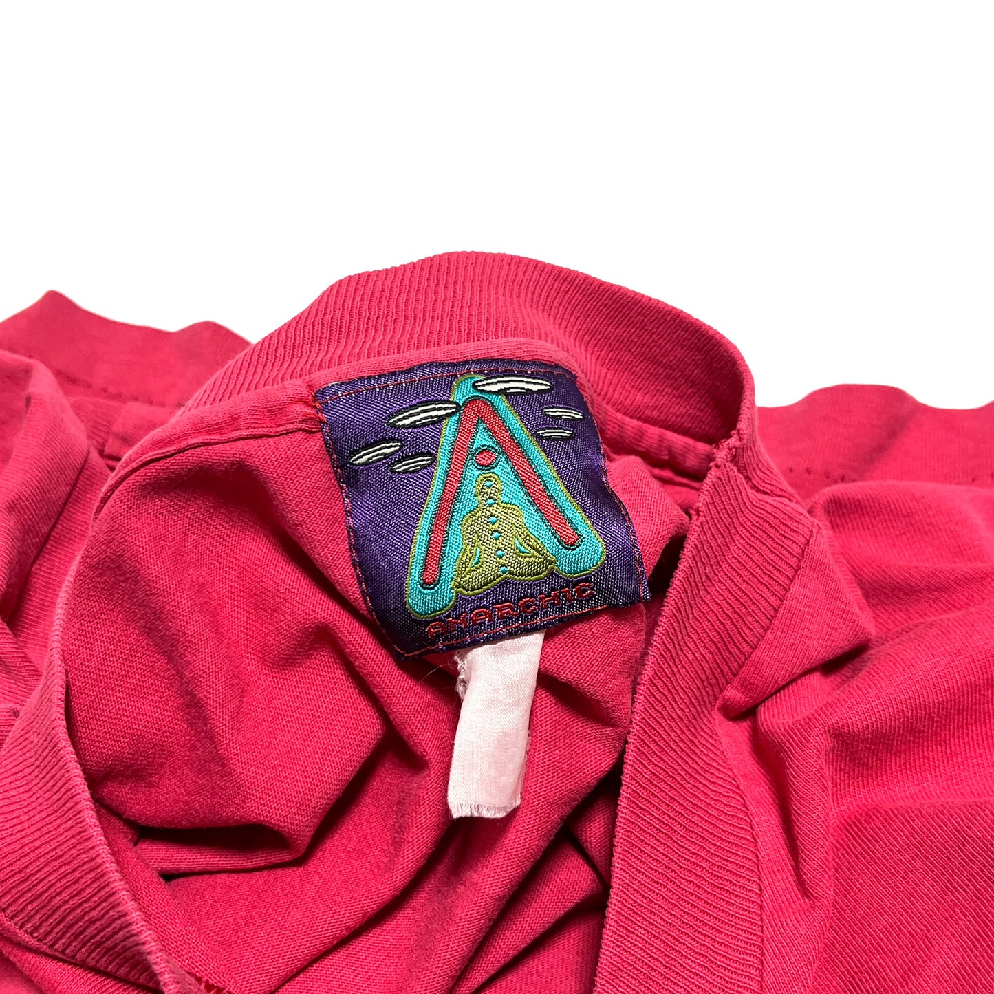 90s ANARCHIC ADJUSTMENT L/S T XL レア ブランドタグ 1 赤色Tシャツの襟元タグ Aロゴ