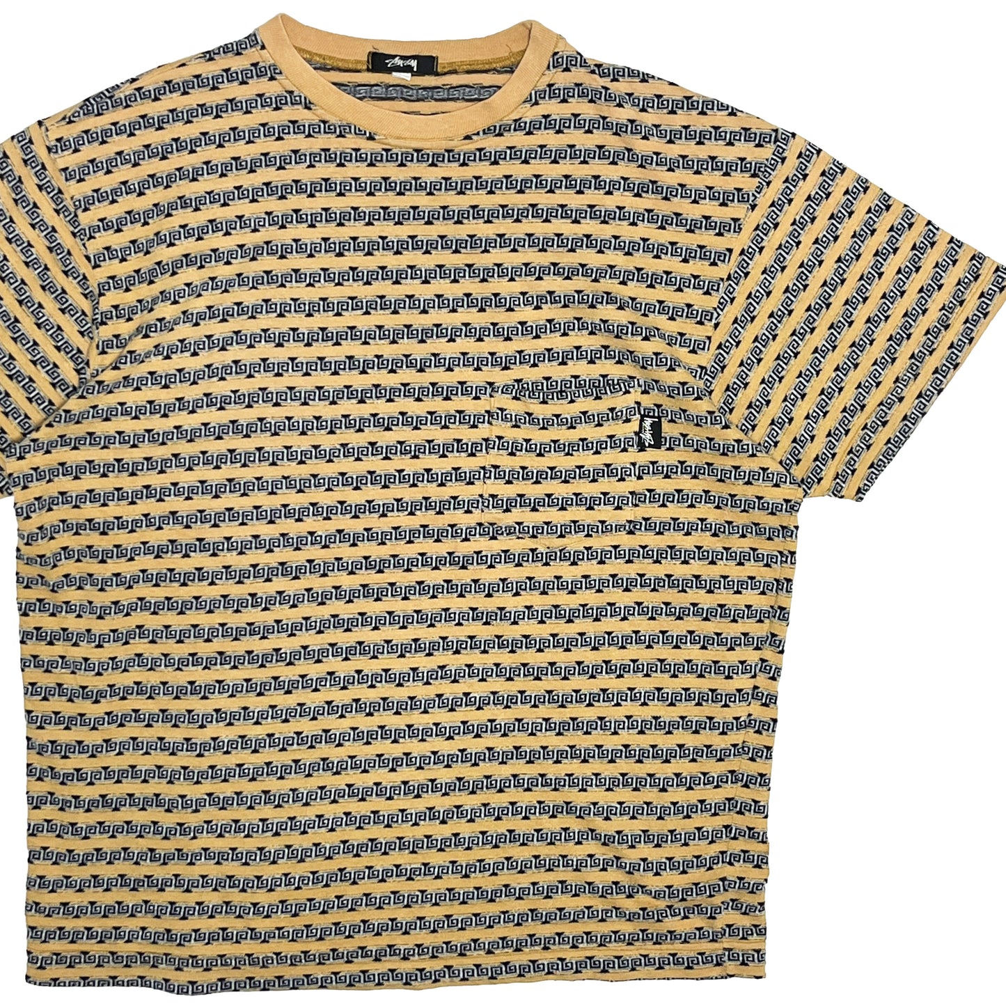 80s〜 Stussy TOM TOM Border Pocket T L 平置き で全体俯瞰 黄色地に黒と白のグリッド状プリント