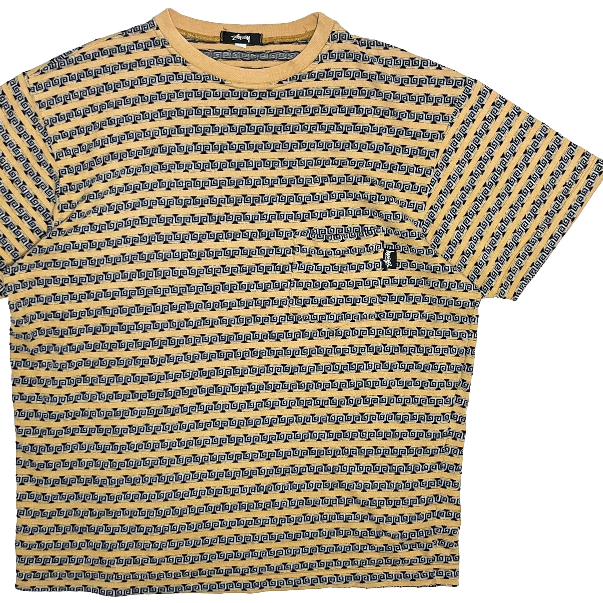 80s〜 Stussy TOM TOM Border Pocket T L 平置き で全体俯瞰 黄色地に黒と白のグリッド状プリント