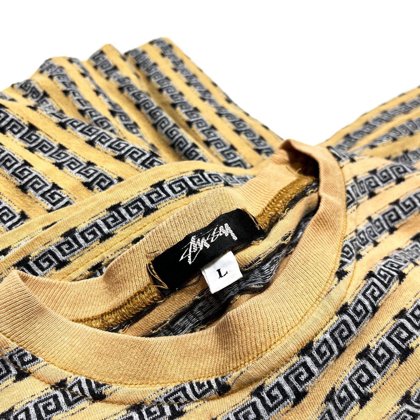 80s〜 Stussy TOM TOM Border Pocket T L ディテール 袖のディテール 黒のグリッドプリントが黄色地に映える