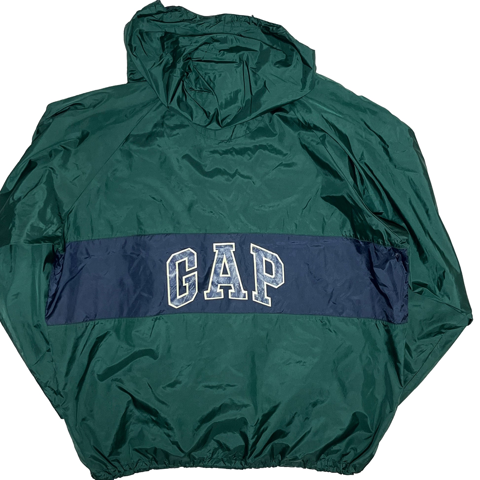 90s GAP Nylon Anorak Parka XXL 平置き 緑色 紺色 GAPロゴ 襟付き