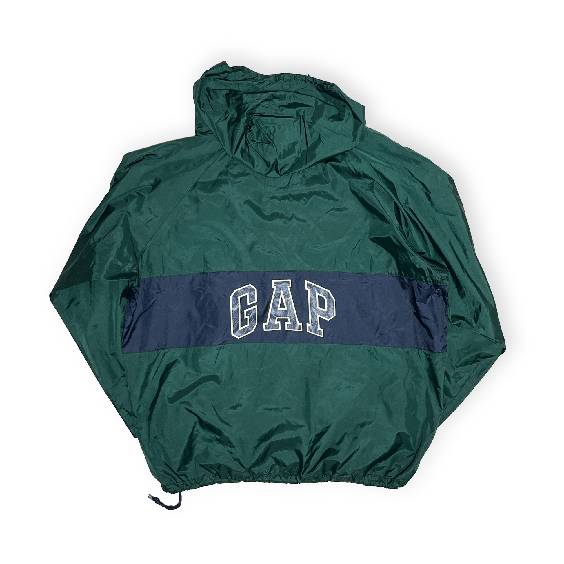 90s GAP Nylon Anorak Parka XXL 平置き 緑色 紺色 GAPロゴ 抽引