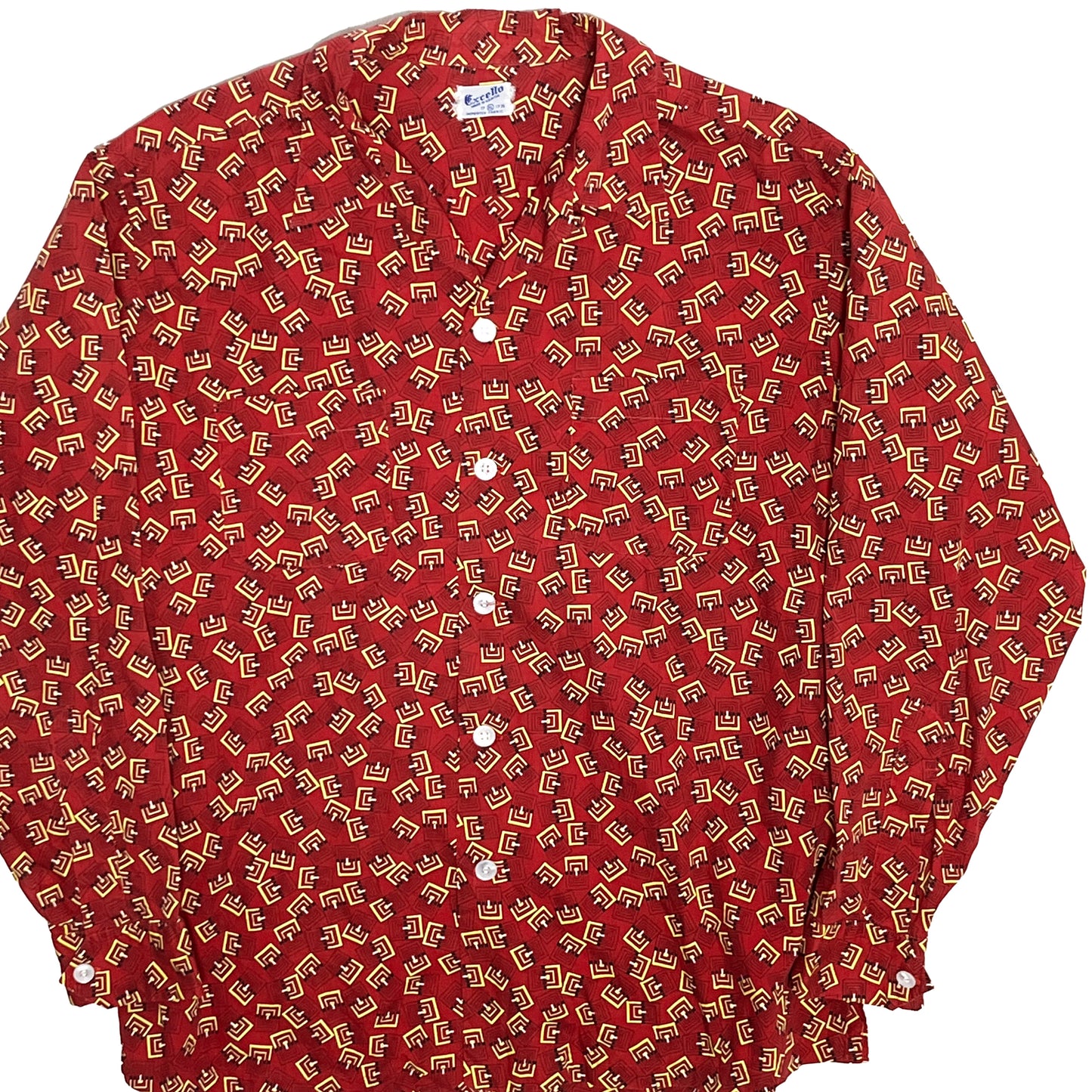 50s〜 Excello Cotton L/S SH XL レア 平置き 1 赤地に黄色・黒の幾何学プリント ボタン付き