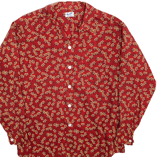 50s〜 Excello Cotton L/S SH XL レア 平置き 1 赤地に黄色・黒の幾何学プリント ボタン付き