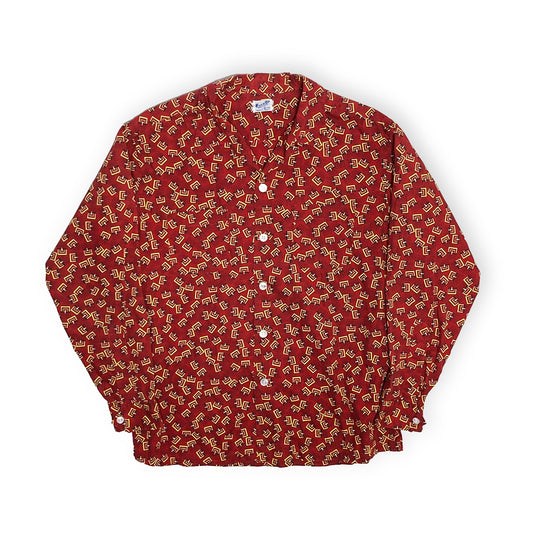 50s〜 Excello Cotton L/S SH XL レア 平置き 2 赤地に黄色・黒の幾何学プリント ボタン付き