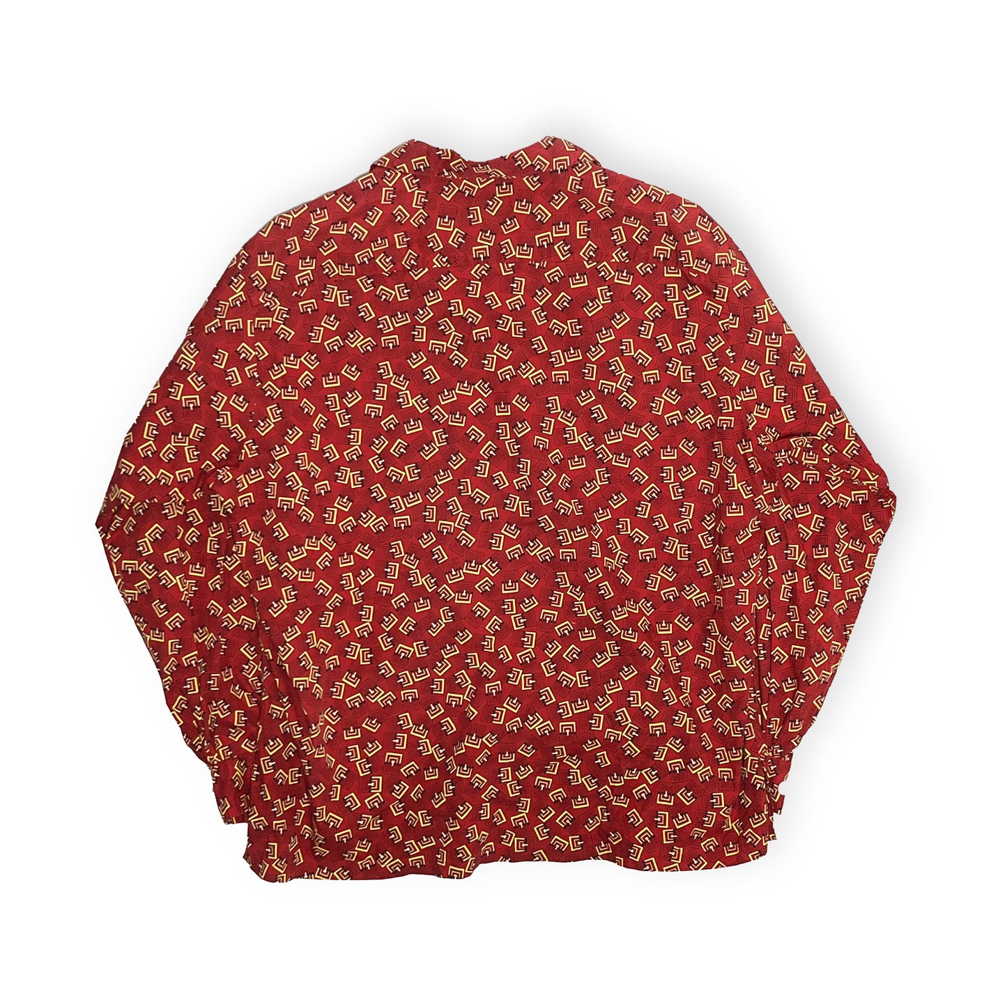 50s〜 Excello Cotton L/S SH XL レア ディテール 3 赤地に黄色・黒の幾何学プリント ボタン付き