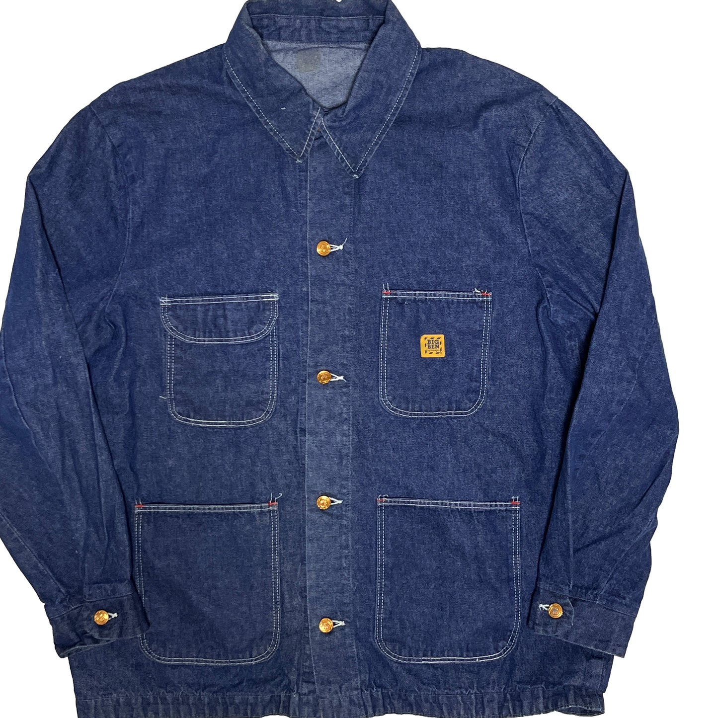 80s BIG BEN Denim Coverall 濃紺 44 平置き 1 濃紺のジーンジャケット 4枚ポケット ボタン タグ