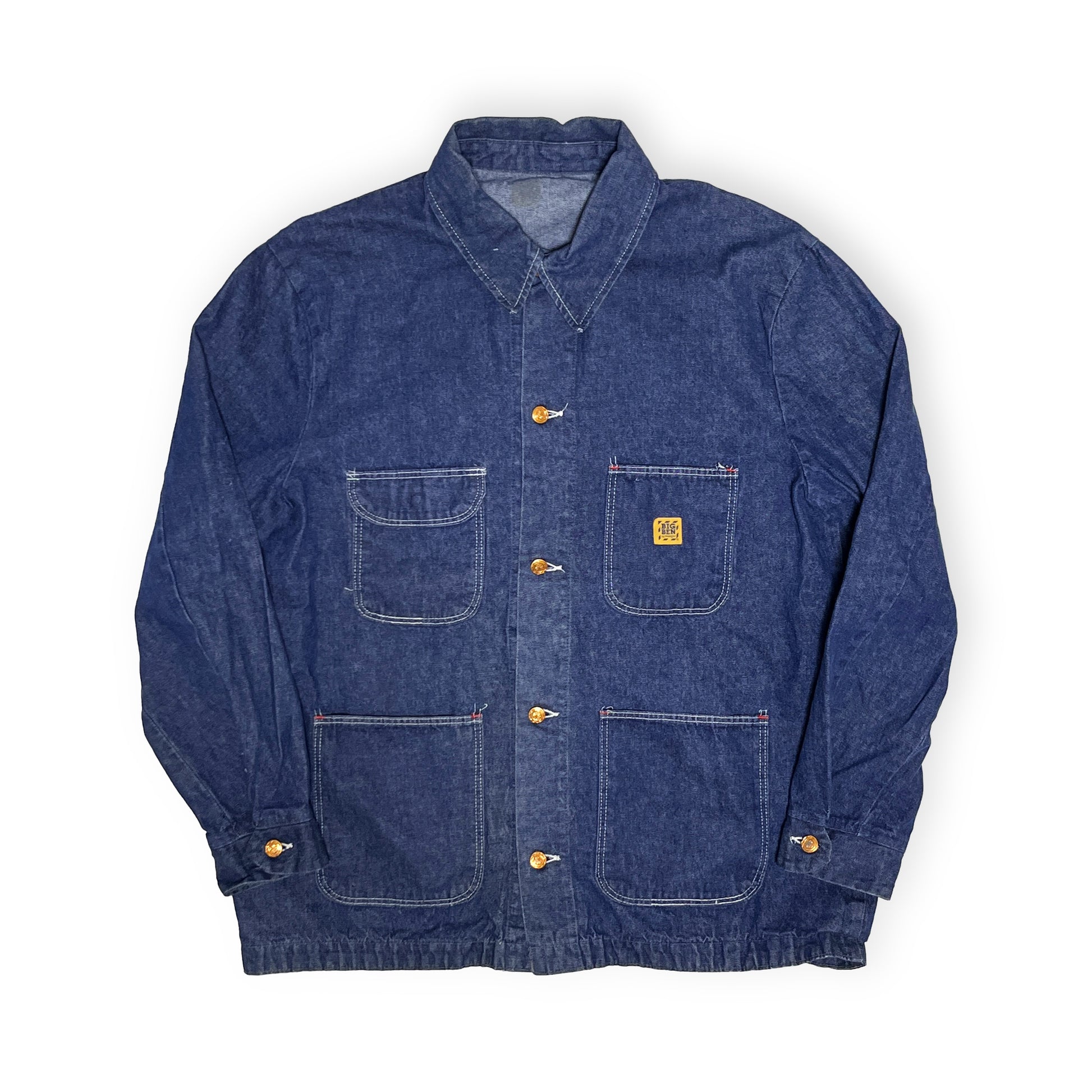 80s BIG BEN Denim Coverall 濃紺 44 平置き 2 濃紺のジーンジャケット 4枚ポケット ボタン タグ