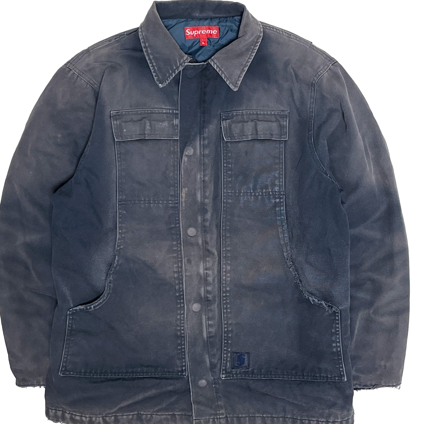 00s Old Supreme Duck JKT Carhartt サンプリング フェード L 平置き ダークグレーの素材 フロントポケット ボタン Supreme