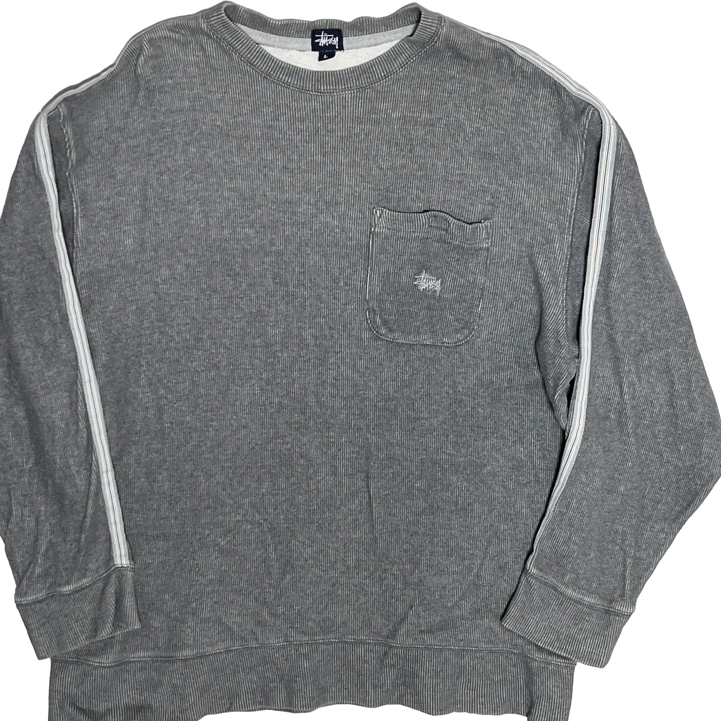 90s Stussy Pocket Sweat L 平置き グレーの Sweatshirt 袖に3本ストライプ 胸ポケッ