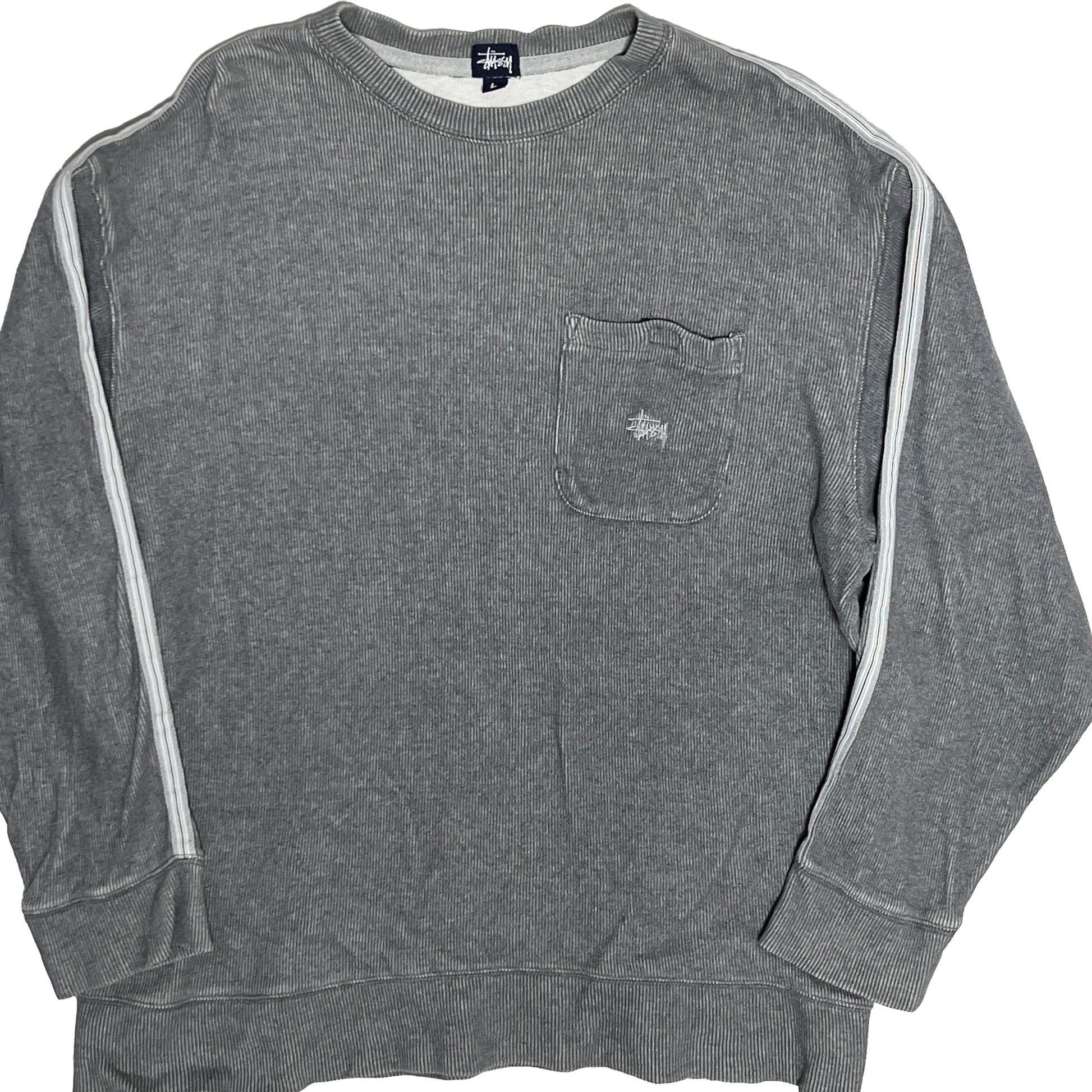 90s Stussy Pocket Sweat L 平置き グレーの Sweatshirt 袖に3本ストライプ 胸ポケッ