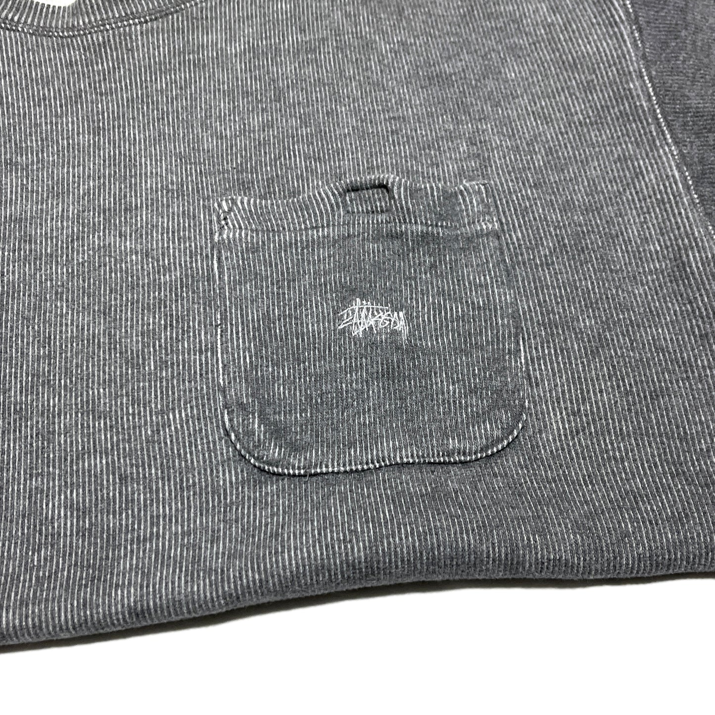 90s Stussy Pocket Sweat L ディテール 袖の3本ストライプ 素材の細部
