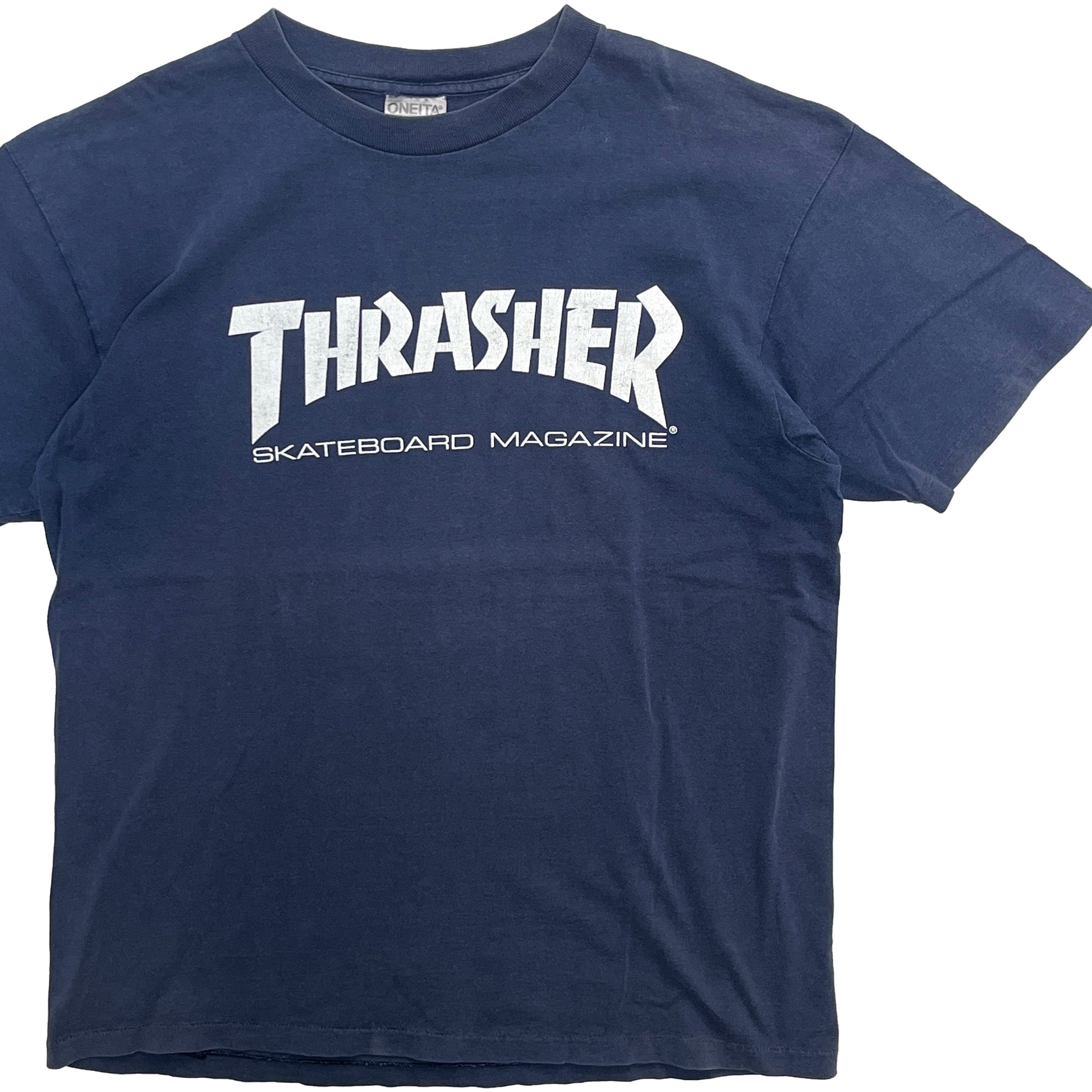 90s ONEITA THRASHER Magazine T L 平置き 1 正面にTHRASHERロゴプリント ネイビー色