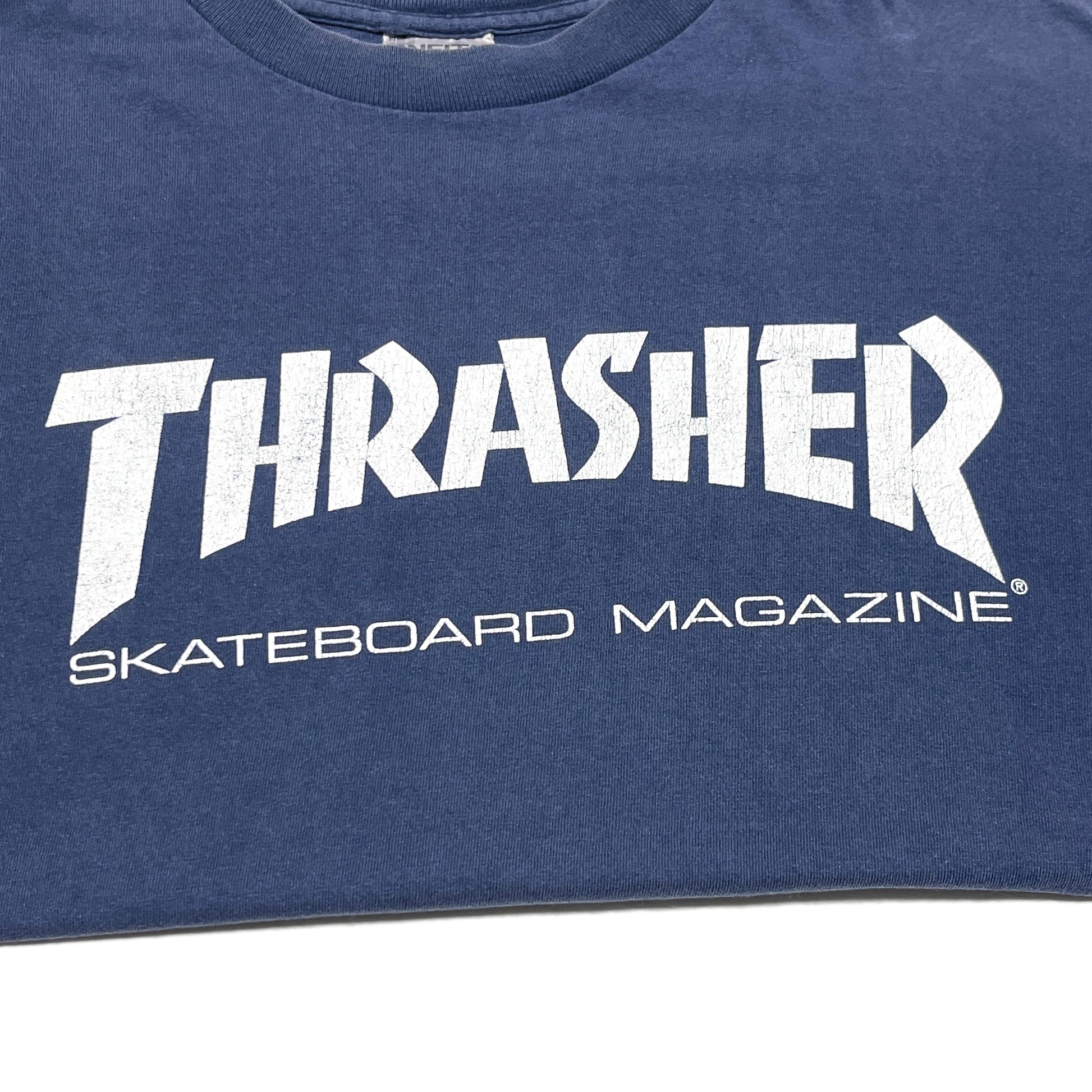 90s ONEITA THRASHER Magazine T L ディテール 正面のTHRASHERロゴ 白文字