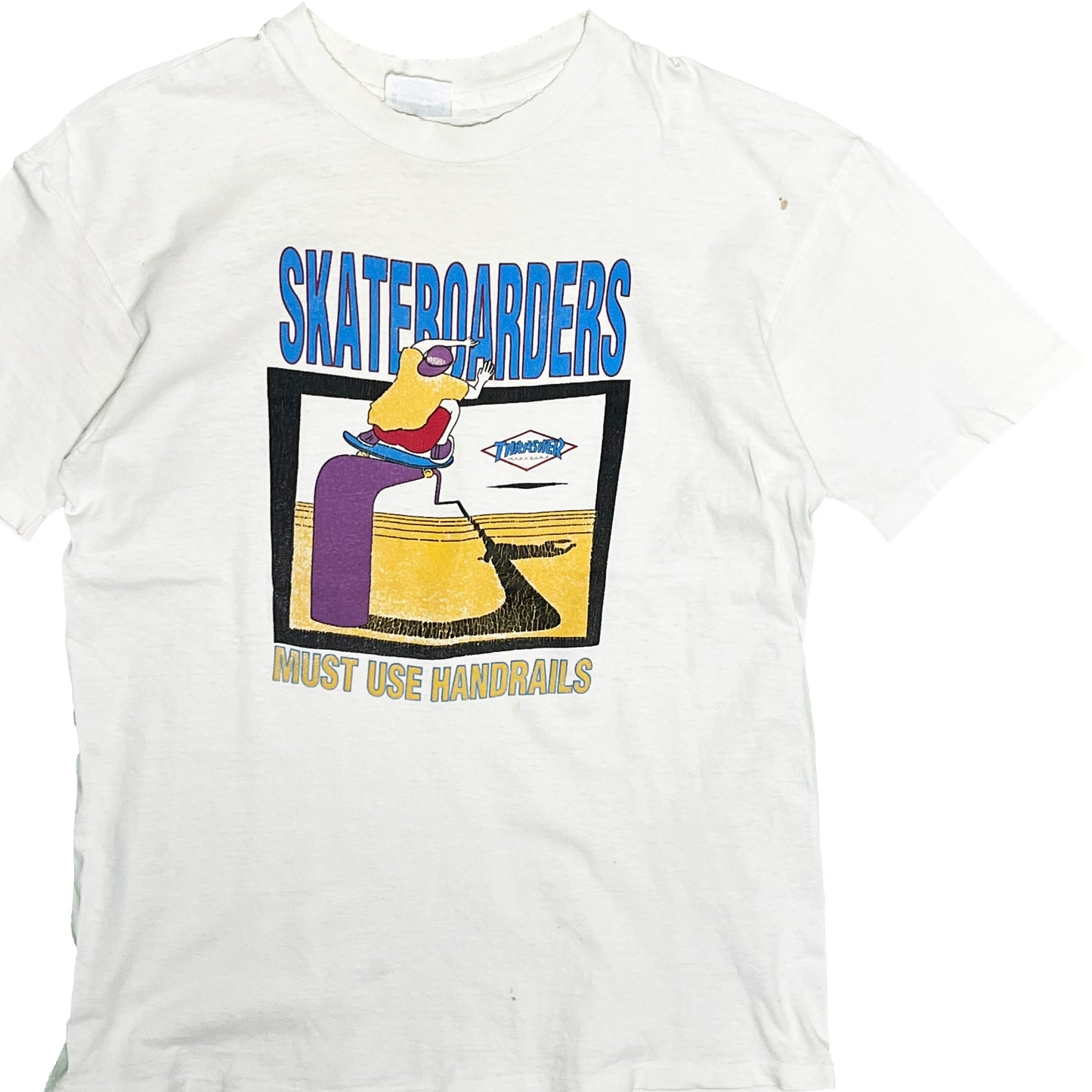 80s〜 Hanes THRASHER T L 平置き 1 白ベースにSKATEBOARDERSプリント 手描きイラスト