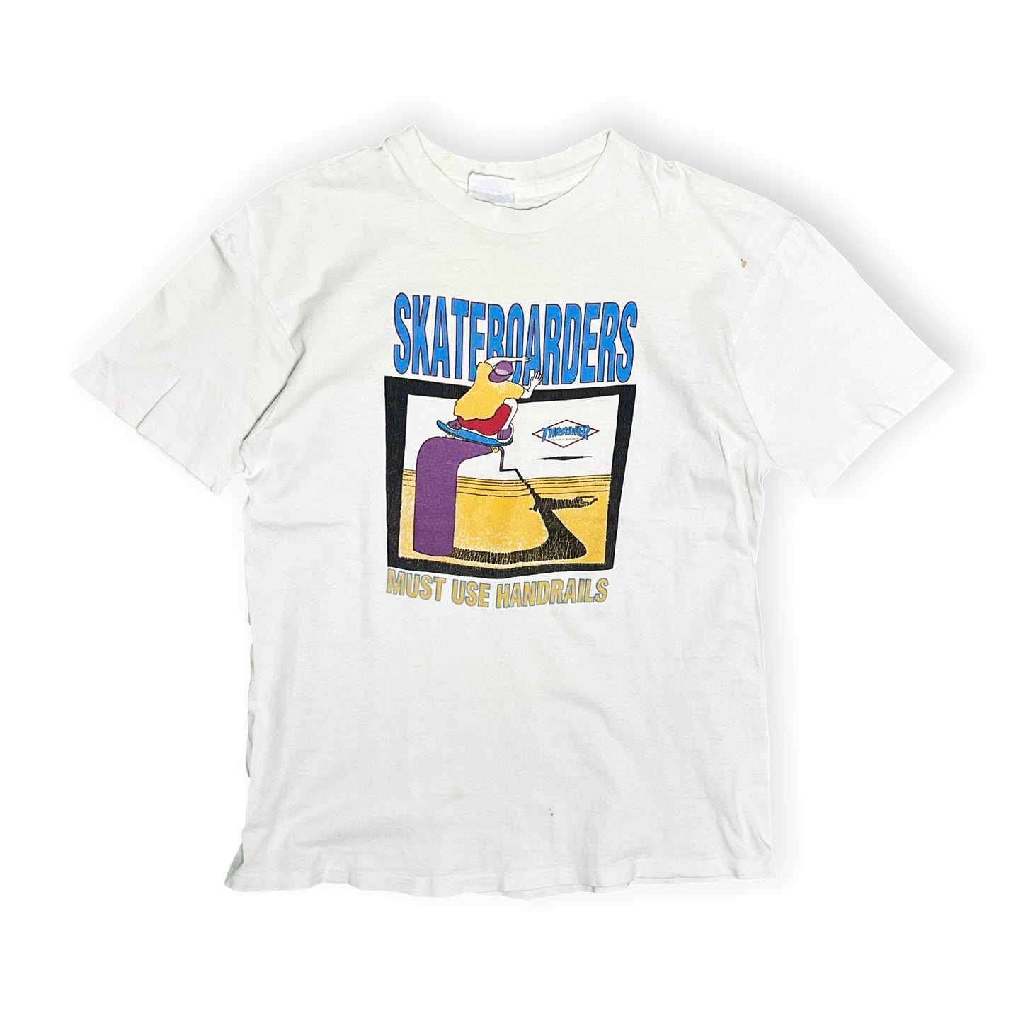 80s〜 Hanes THRASHER T L 平置き 2 白ベースにSKATEBOARDERSプリント 手描きイラスト