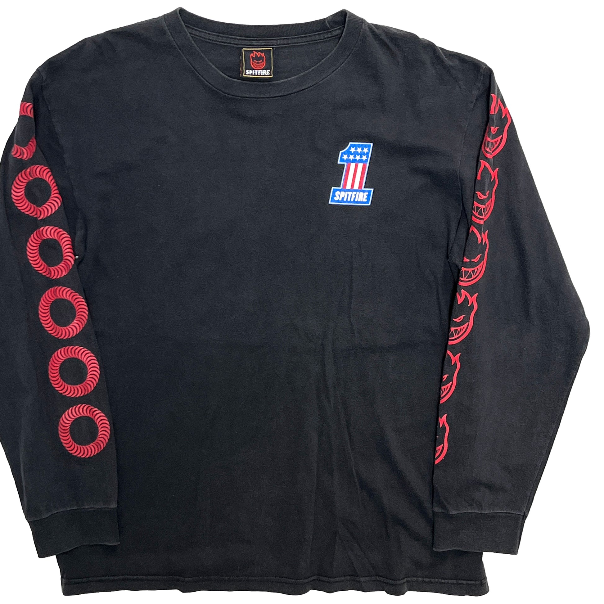 90s〜 SPITFIRE L/S T 袖プリント入り L 平置き 1 黒ベース 両袖に赤いプリント 胸元SPITFIREロゴ
