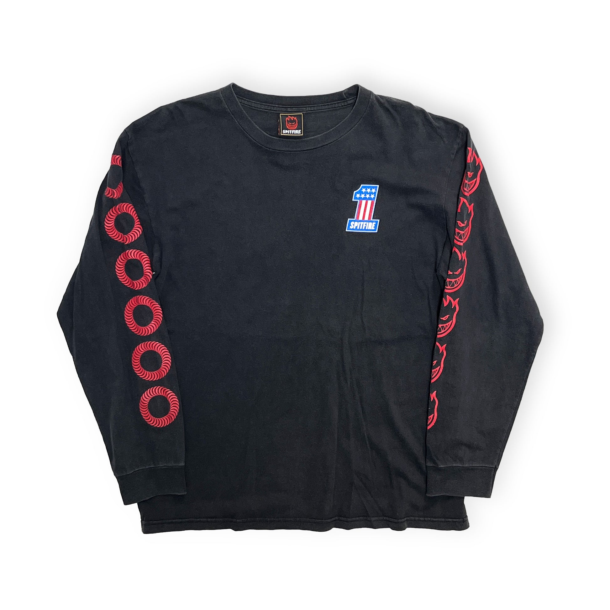 90s〜 SPITFIRE L/S T 袖プリント入り L 平置き 2 黒ベース 両袖に赤いプリント 胸元SPITFIREロゴ