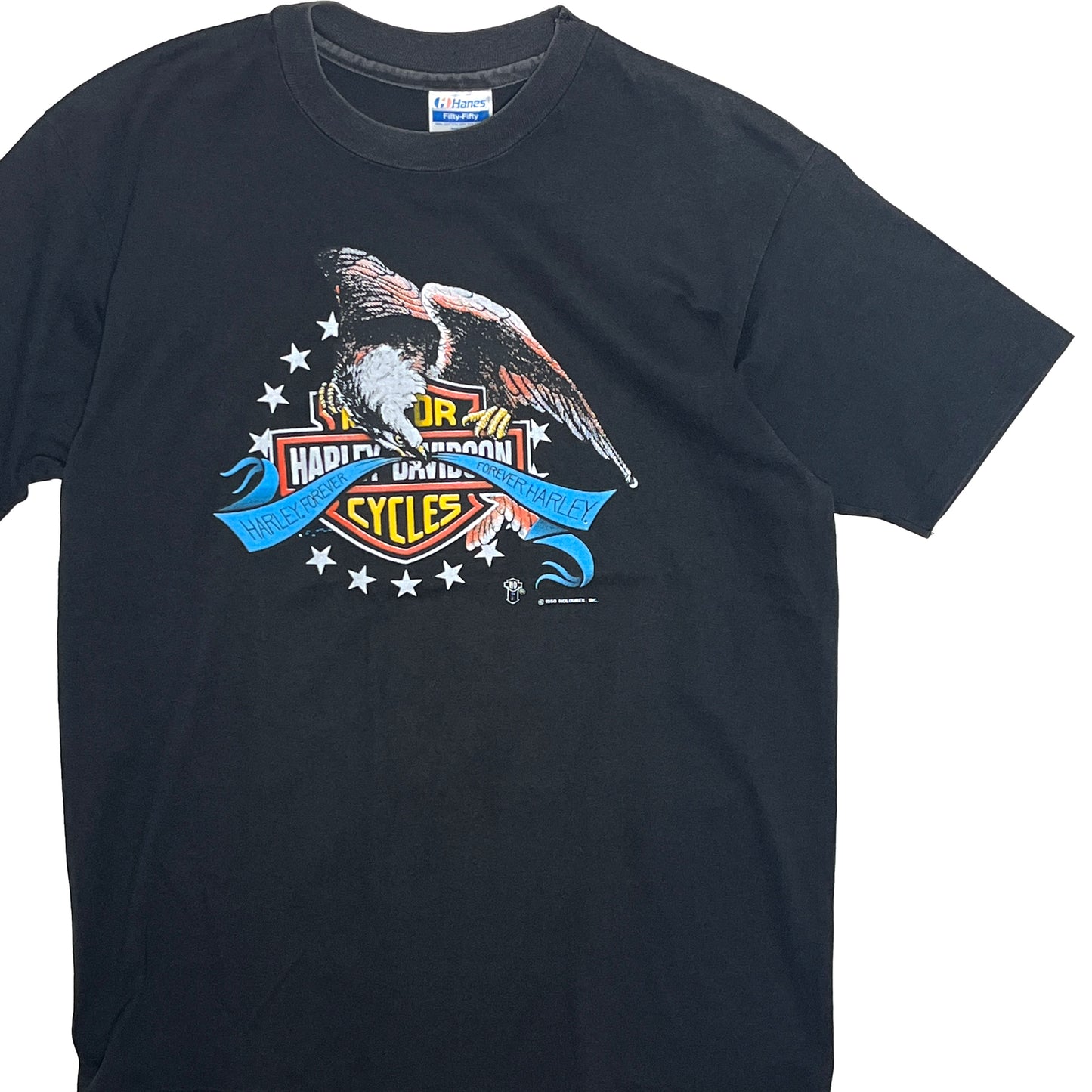 90s Hanes Harley Davidson T L 平置き 1 黒Tシャツ ハリー・デヴィッドソンロゴプリント 星の装飾