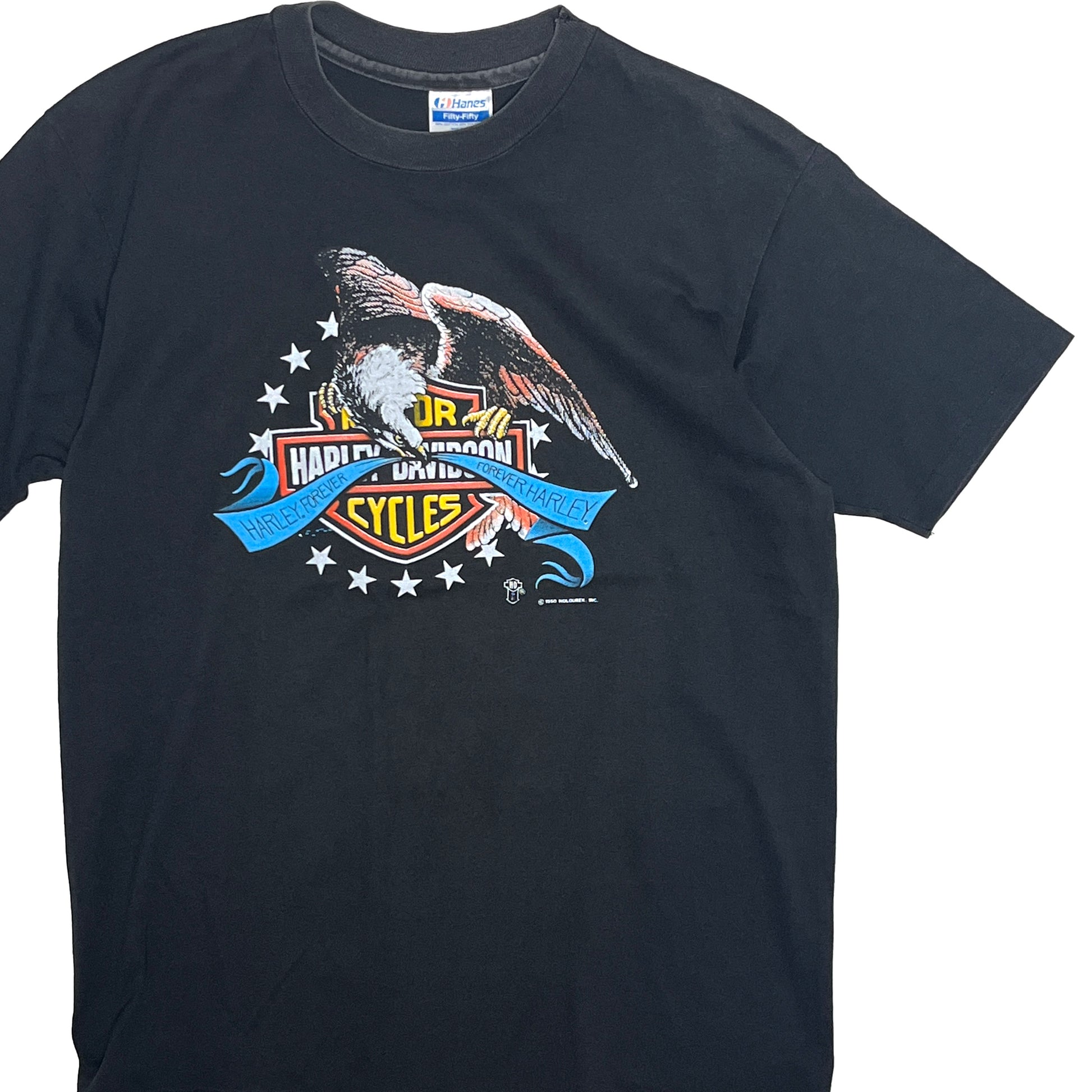 90s Hanes Harley Davidson T L 平置き 1 黒Tシャツ ハリー・デヴィッドソンロゴプリント 星の装飾