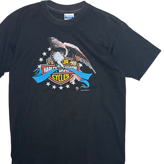 90s Hanes Harley Davidson T L 平置き 1 黒Tシャツ ハリー・デヴィッドソンロゴプリント 星の装飾